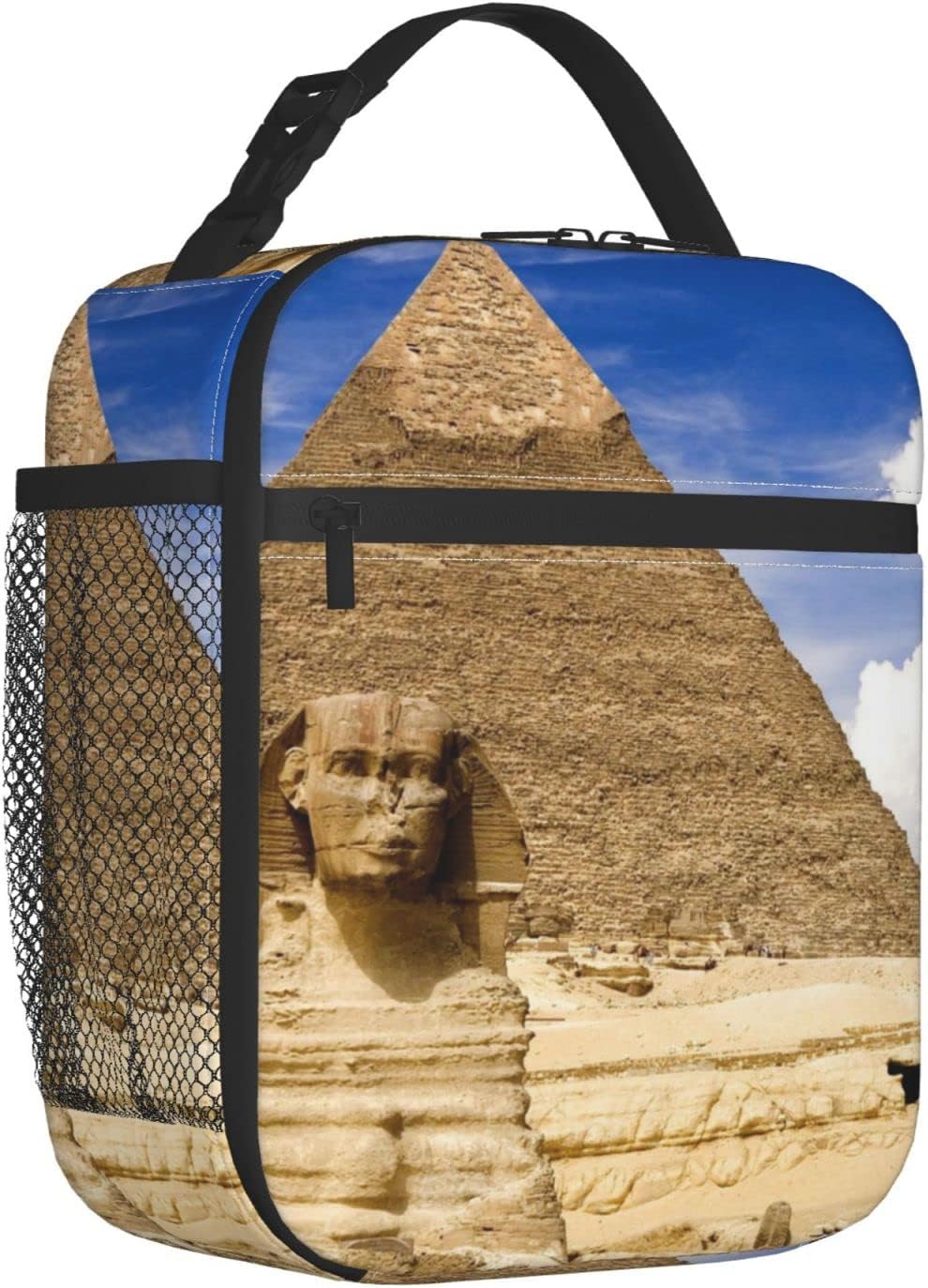 Bolsa de almuerzo para mujeres y hombres, bolsa de mano aislada, pirámides de Egipto, lonchera con bolsillo lateral para picnic de trabajo