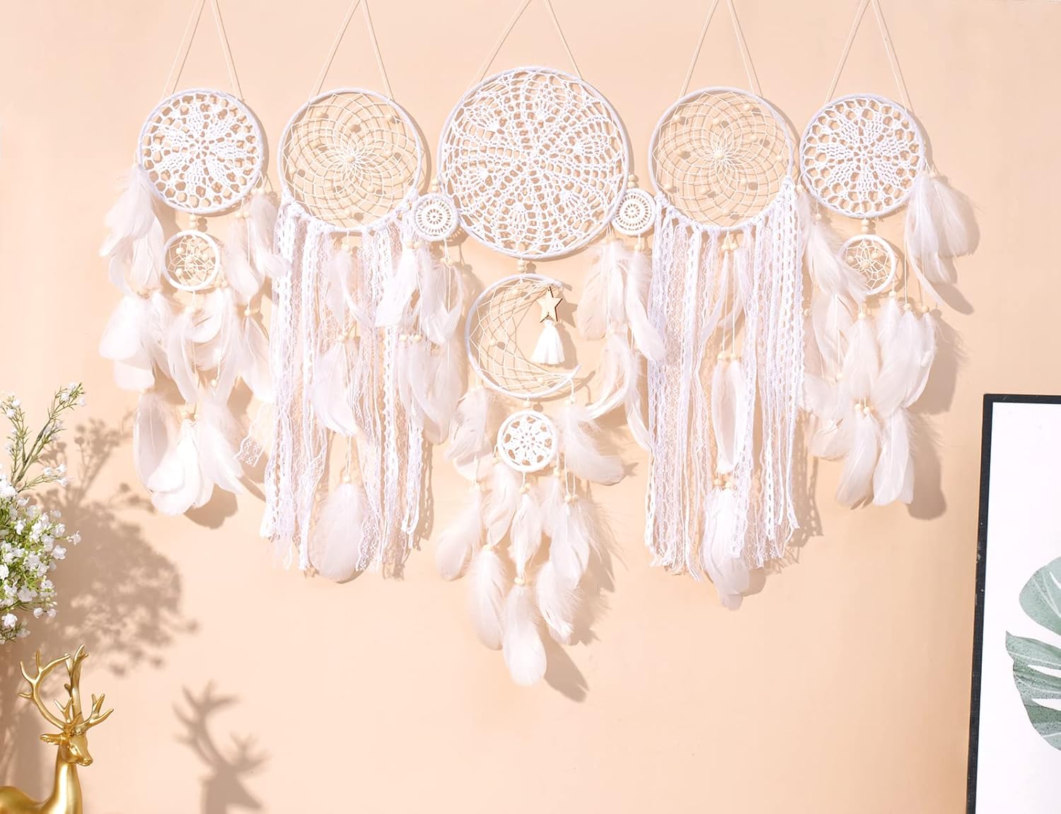 Atrapasueños – Decoración de pared bohemia con plumas de luna y sol, hecha a mano, tradicional, atrapasueños, decoración colgante de pared para