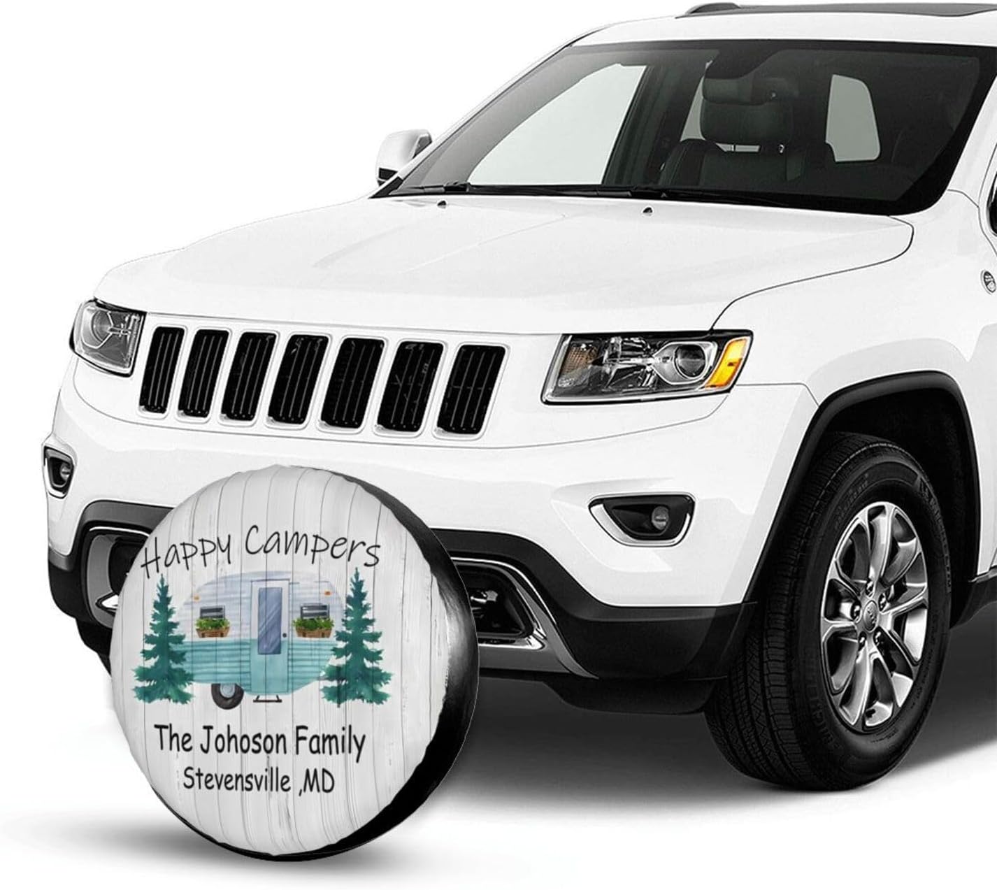 Happy Camper – Funda protectora para neumático de repuesto con nombre personalizado, para campamento, campamento, impermeable, para Jeep, remolque