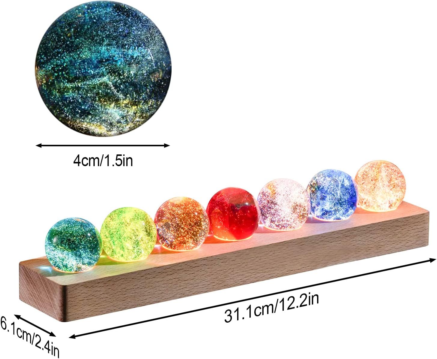 Bola de cristal con base de luces LED de madera, luz nocturna de cristal colorida, 7 bolas de cristal, luces USB decorativas, mesa USB, lámpara de