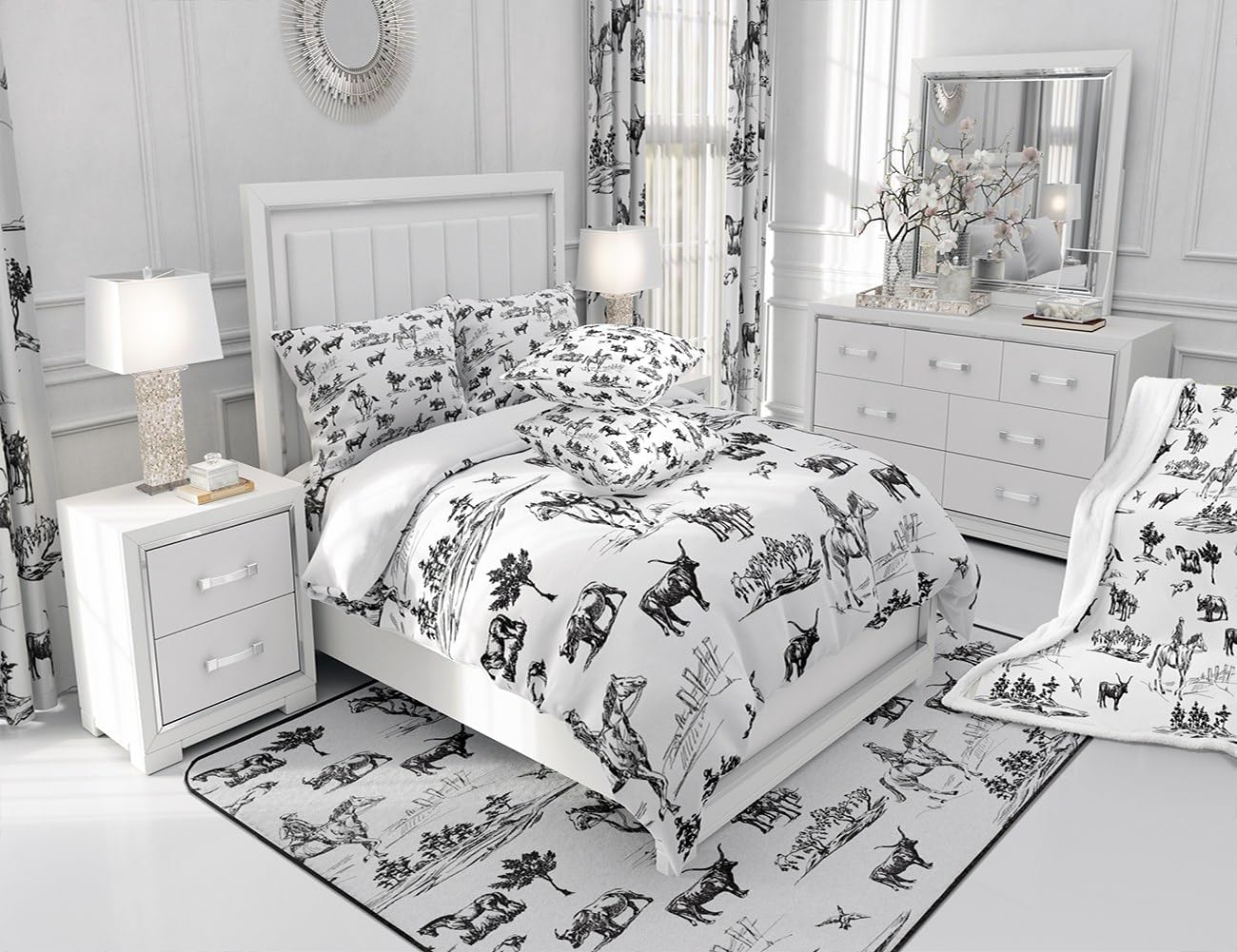 Juego de edredón occidental, tamaño matrimonial, juego de ropa de cama de vaca y caballo, 3 piezas, diseño de animales de granja para niños, niñas y
