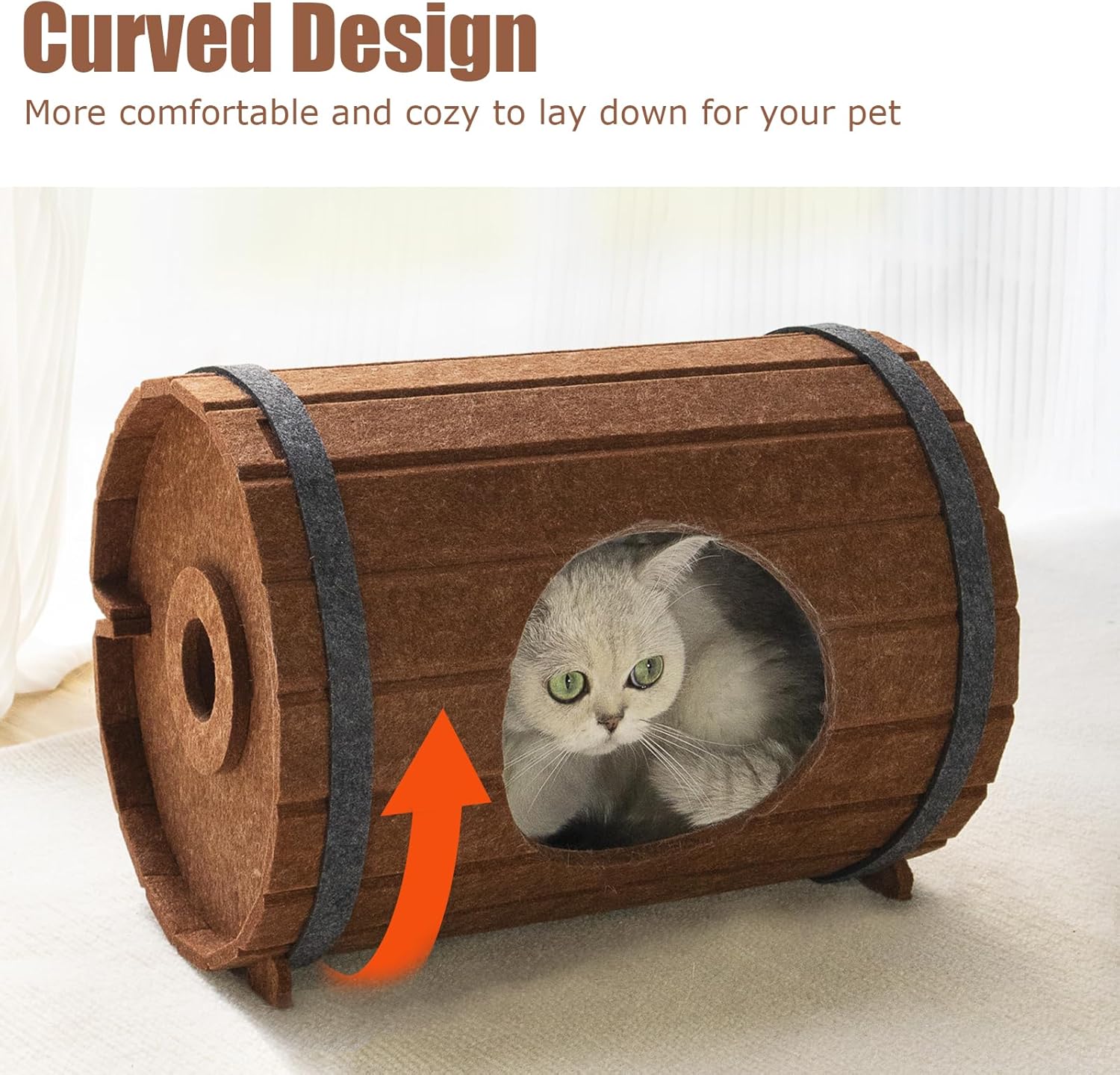 VERABE Casa para gatos con forma de barril de cerveza, cueva de fieltro Peekaboo para gatos, camas plegables para gatos de interior, casa duradera
