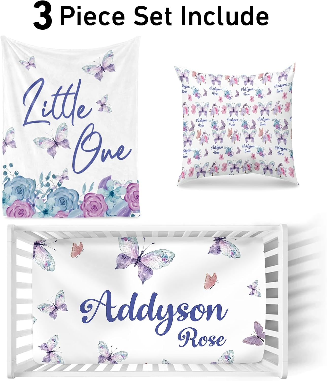 KAINSY – Juego de ropa de cama personalizada para cuna con nombre para niña, juegos de cuna de bebé con nombre personalizado para niños pequeños,
