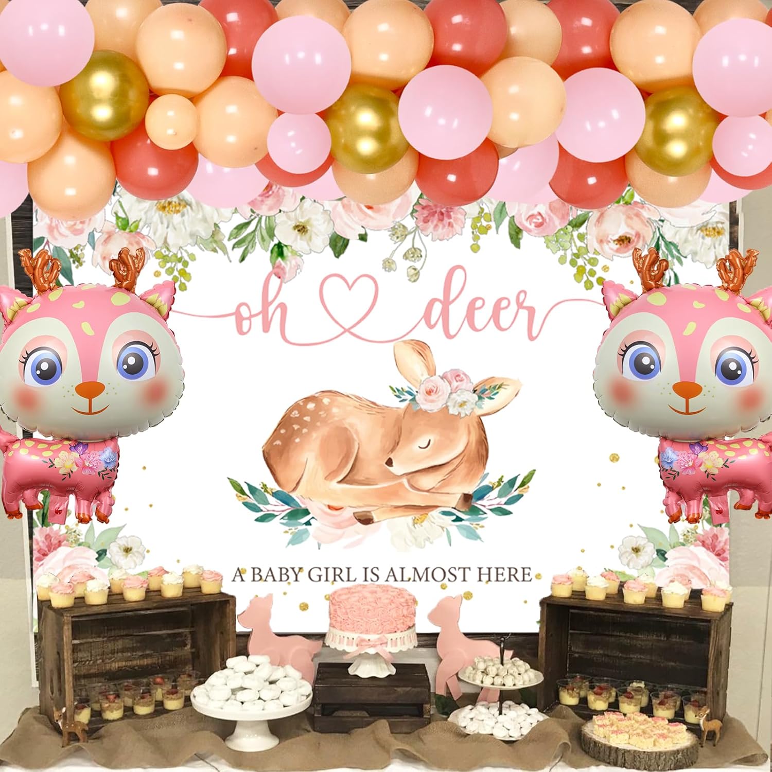 Decoraciones de ciervos para baby shower para niña, kit de arco de guirnalda de globos de ciervo con telón de fondo rosa para cervatillo, animales,