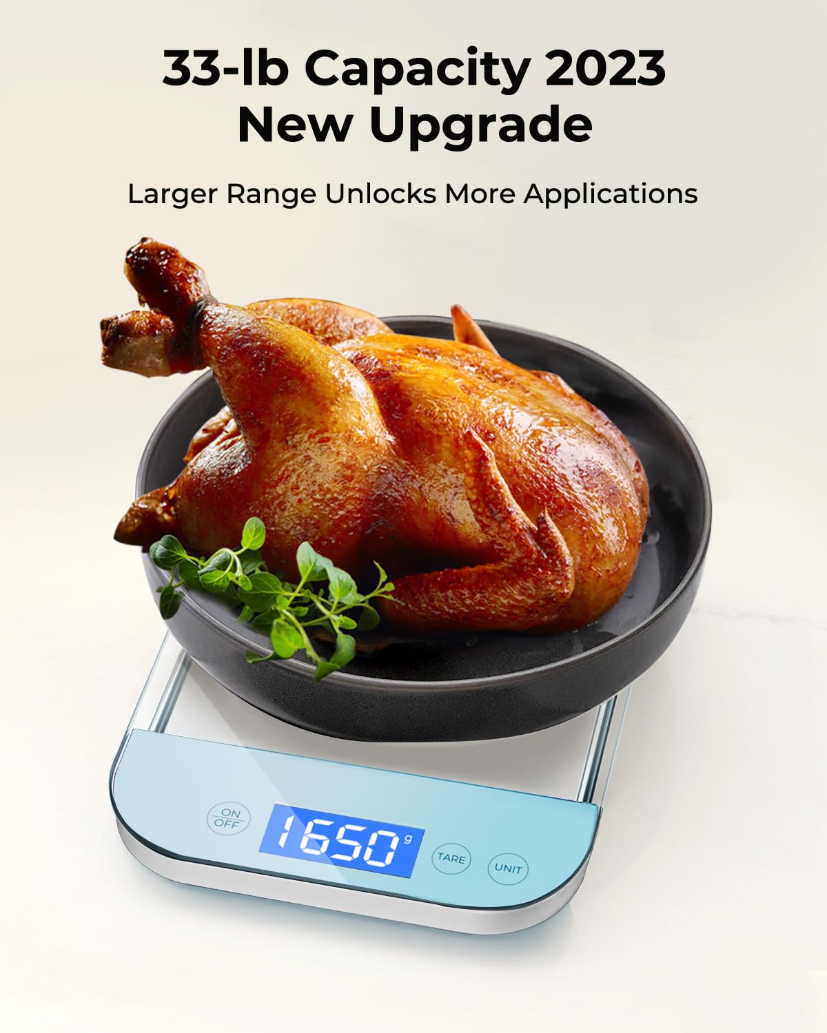 AZC Báscula digital recargable de alimentos gramos y onzas, máximo 33 libras mínimo 0.18 oz, panel de vidrio templado totalmente impermeable, diseño