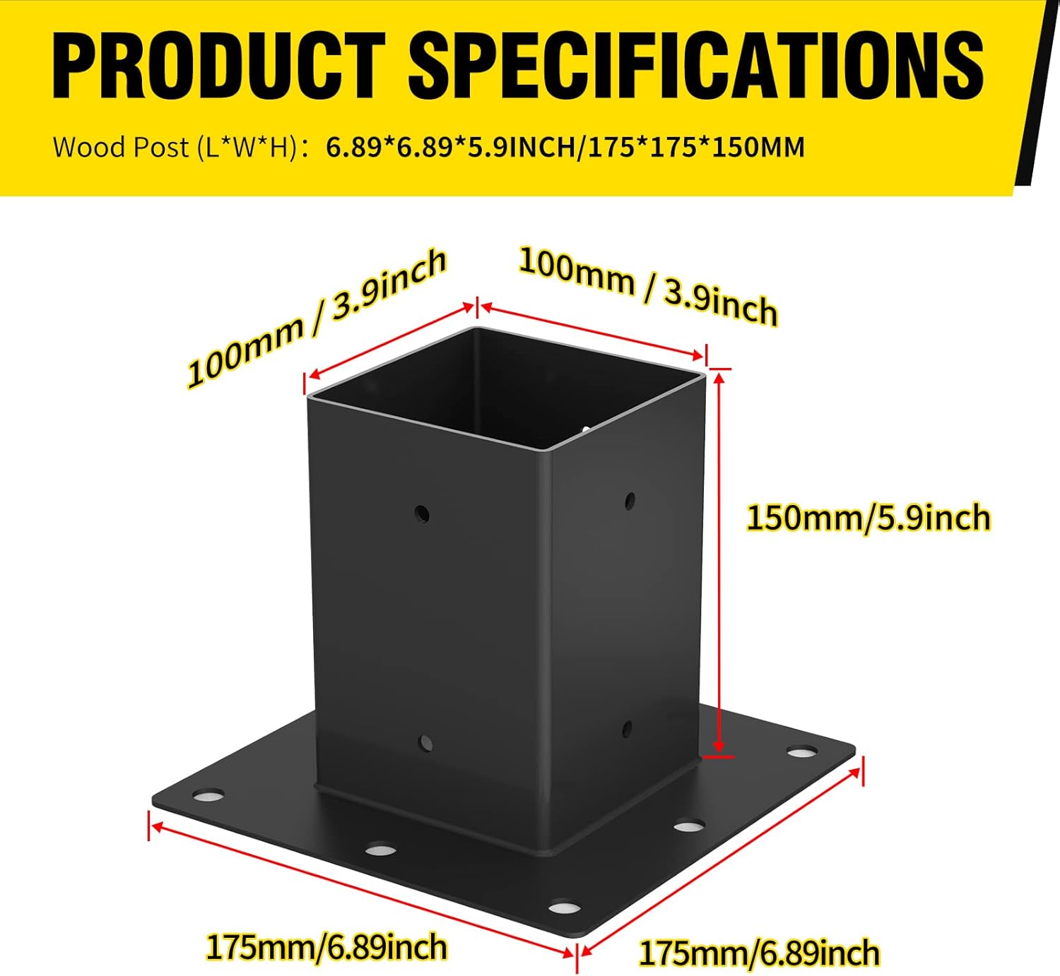 Base de poste de 4 x 4, 3 piezas, tamaño interior de 3.6 x 3.6 pulgadas, soportes de poste de metal resistente con recubrimiento en polvo negro,