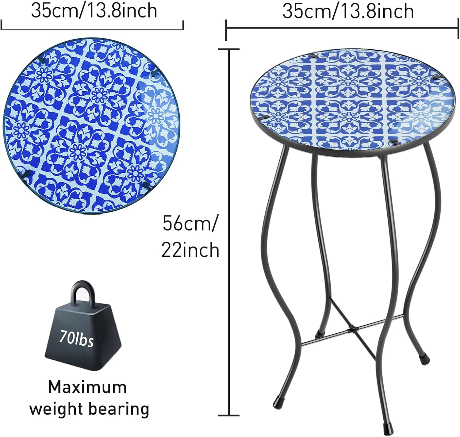 Paytonture Mesa auxiliar de patio, mesa de mosaico al aire libre, mesa auxiliar de plantas, porche pequeño, mesa azul y blanca para interiores,
