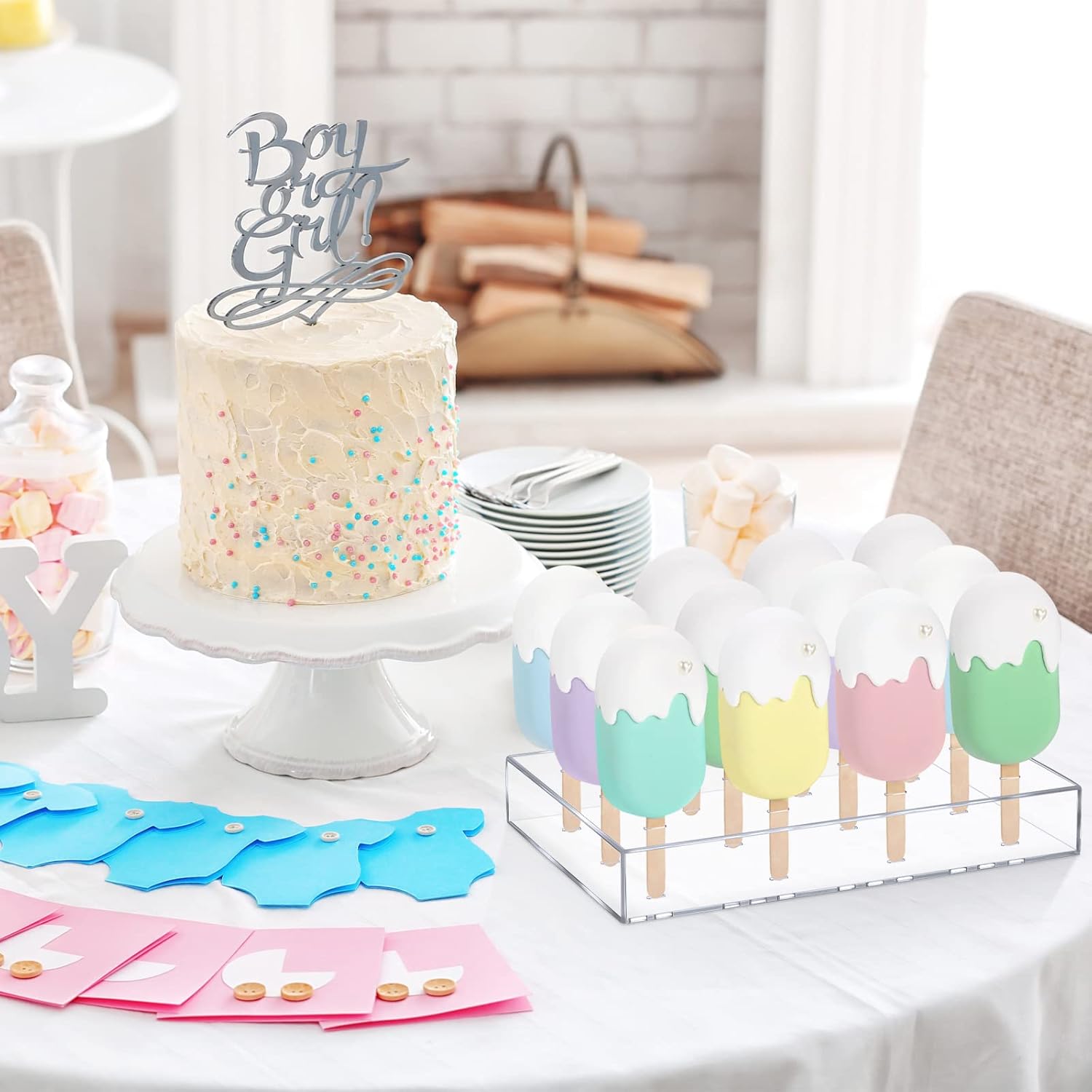 Gejoy 2 piezas de soporte de acrílico para tartas, soporte reutilizable para tartas, soporte transparente para paletas y 100 palitos de helado de