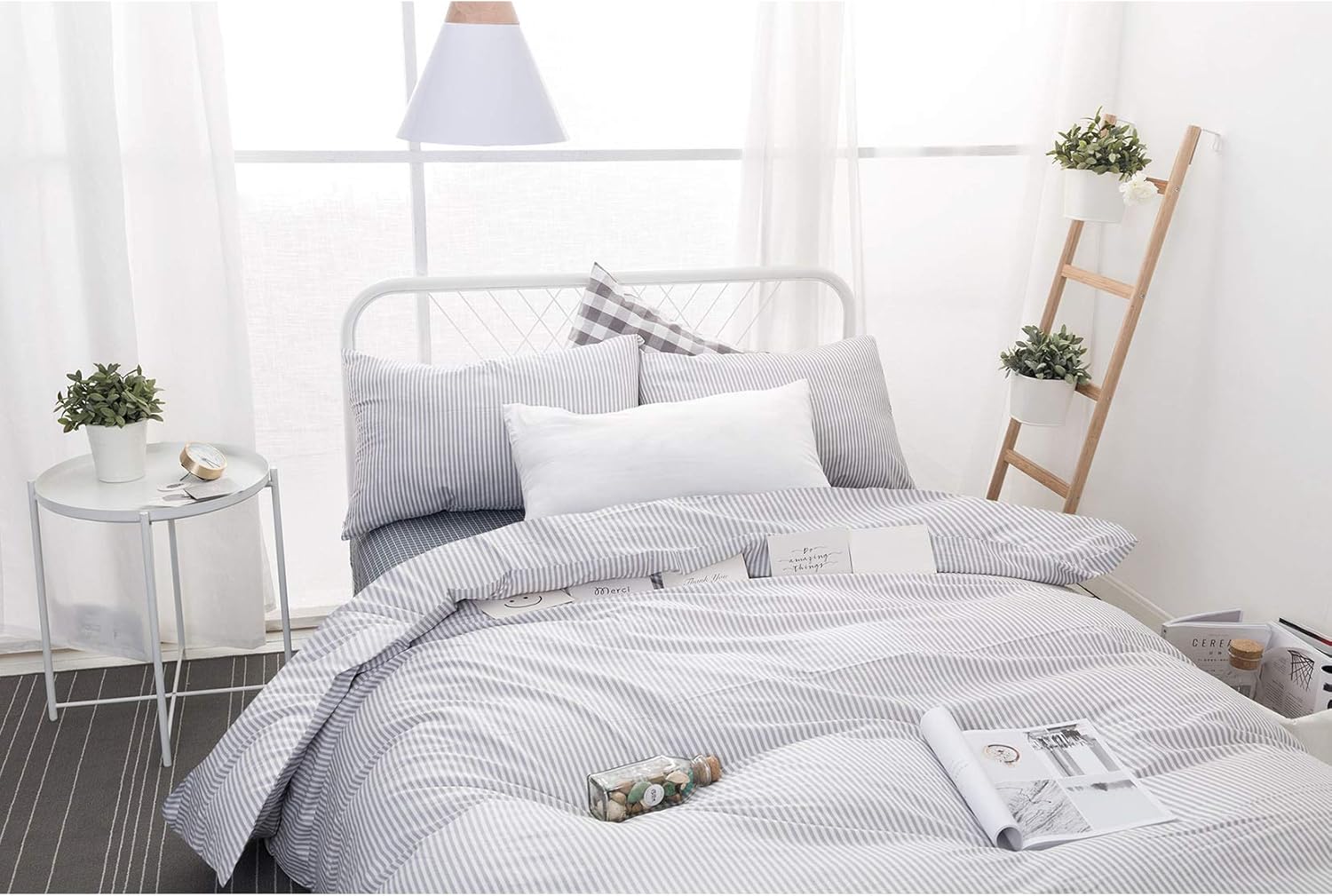 Wake In Cloud – Juego de edredón gris y blanco Cal King, juego de ropa de cama ligero de algodón de 3 piezas para hombres y mujeres, diseño de rayas