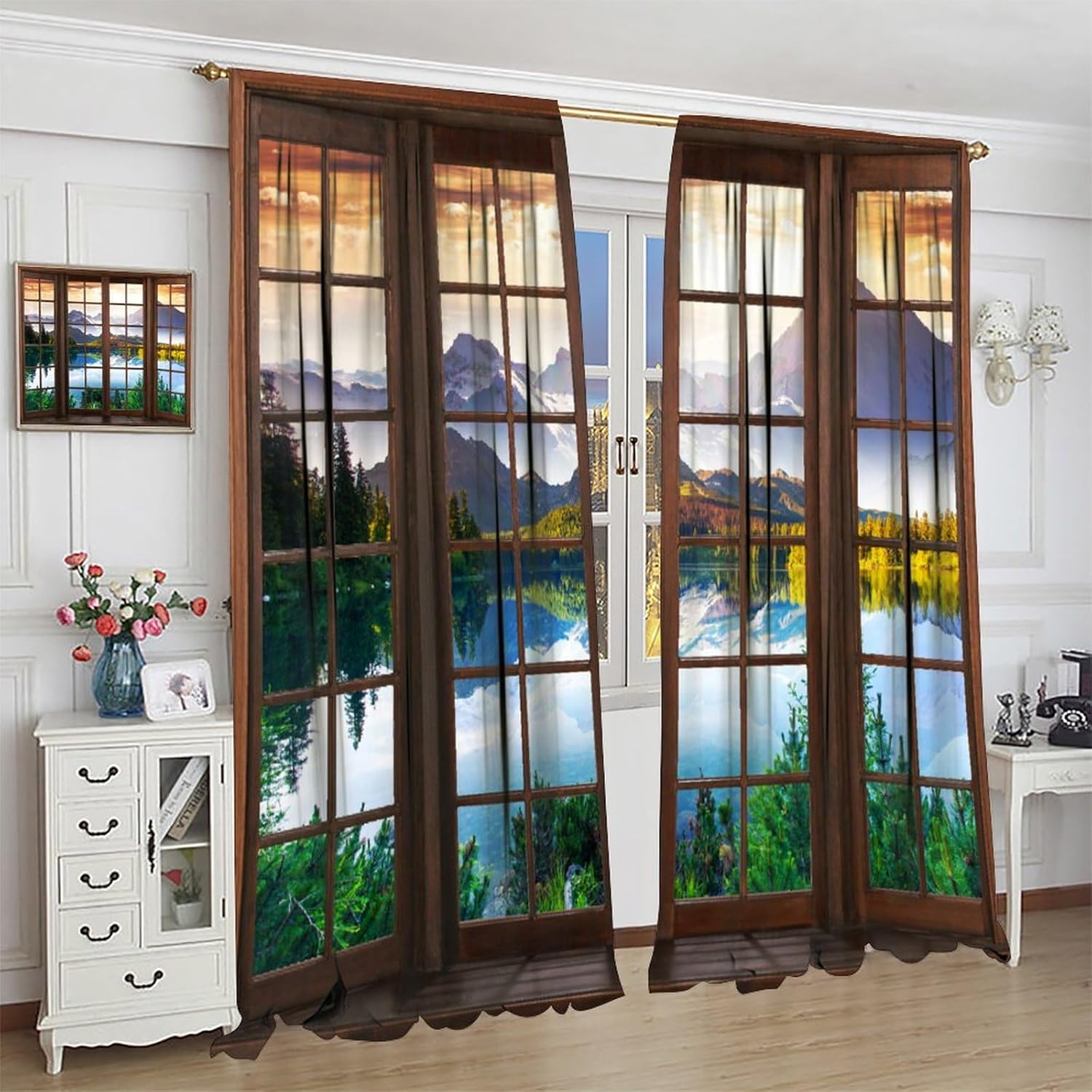 Cortinas de paisaje, paisaje natural, temático, bosque, lago, montaña, escena 3D, bolsillo para barra, cortinas opacas para ventana, para