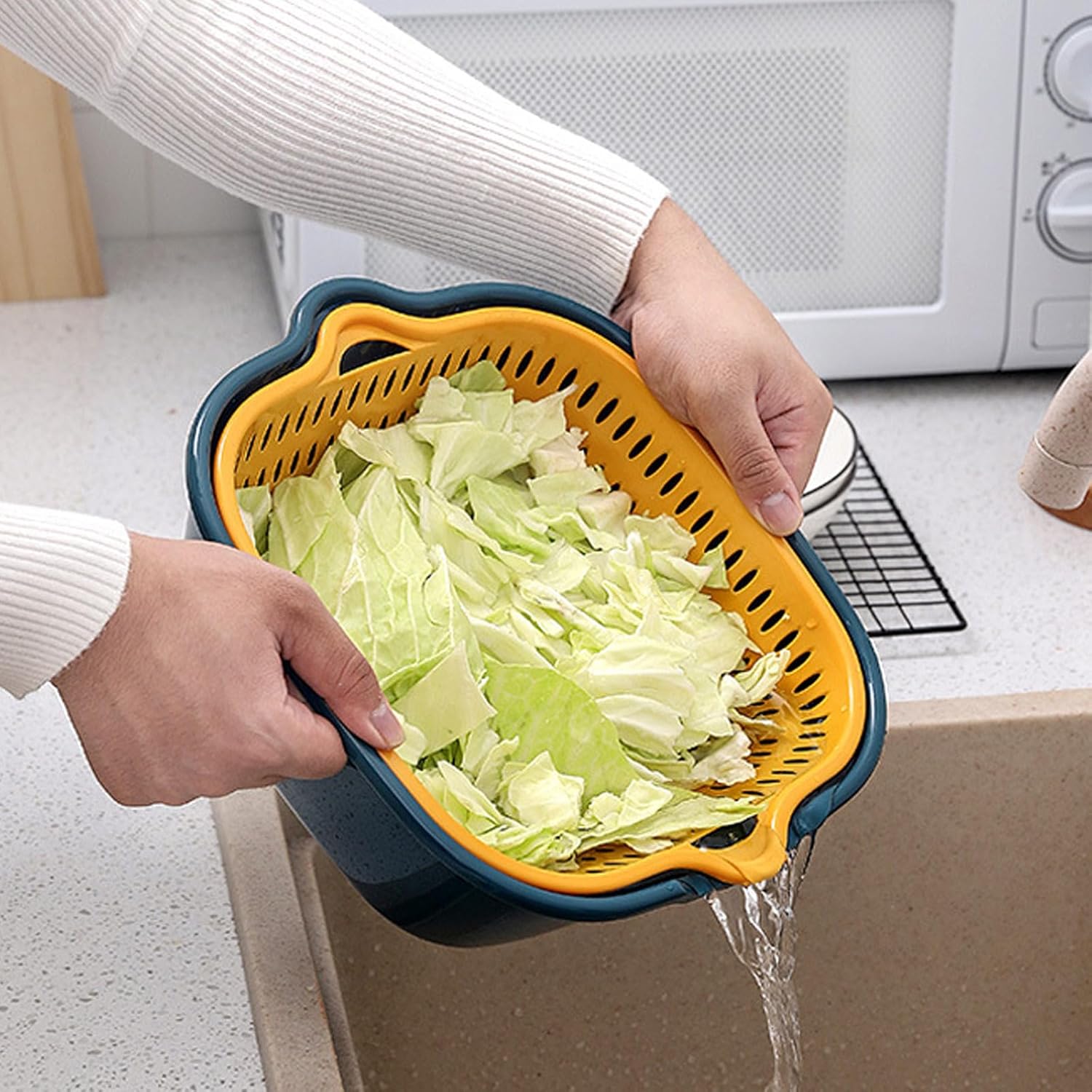 Lavabo de cocina de seis piezas en cesta de doble capa, cesta de lavado de plástico multifuncional para verduras y frutas, para el hogar y la cocina