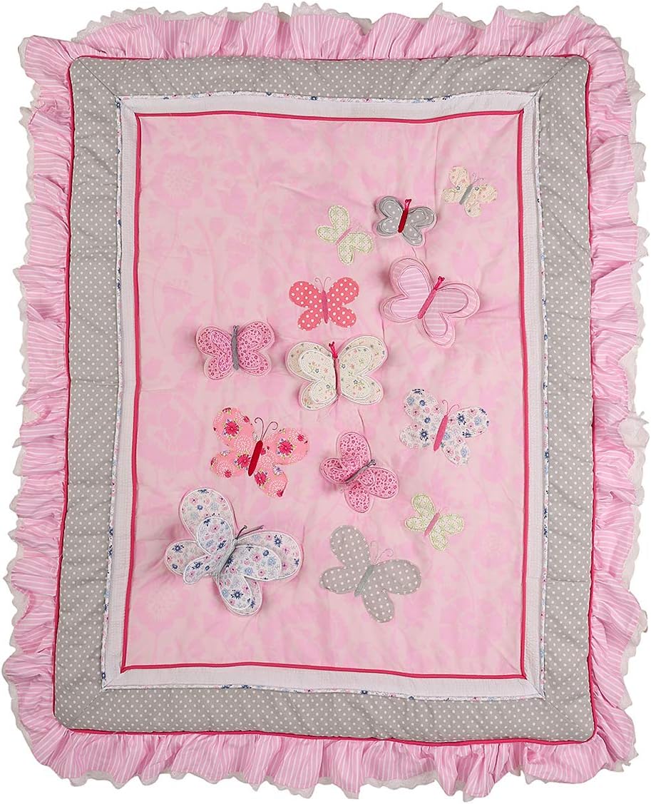 Juego de ropa de cama de 2 piezas con bordado rosa con mariposas y sábana bajera para cuna de bebé niña