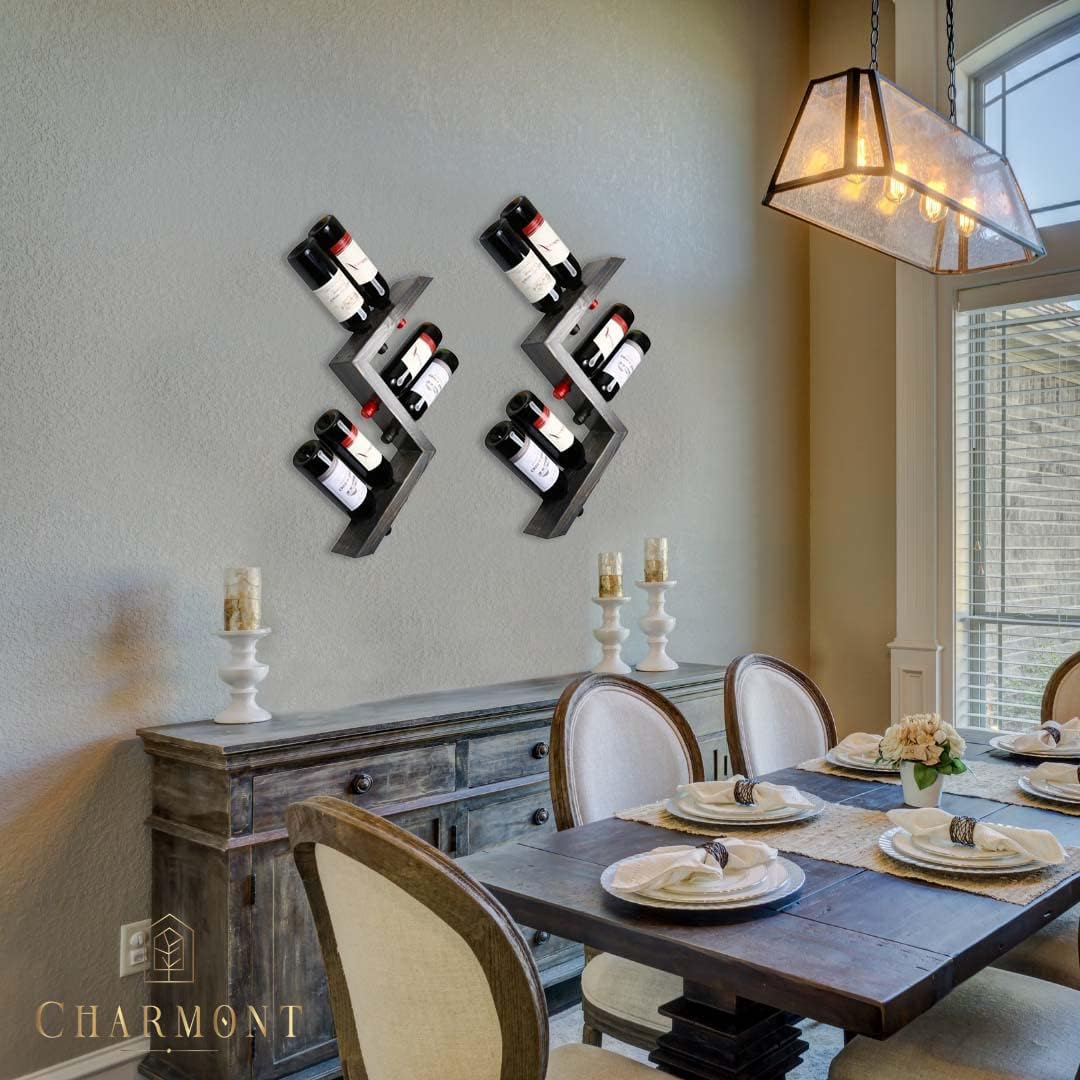 Charmont Estante de madera para vino montado en la pared, soporte rústico de vino en zigzag – Soporte para botellas de vino para bar, almacenamiento