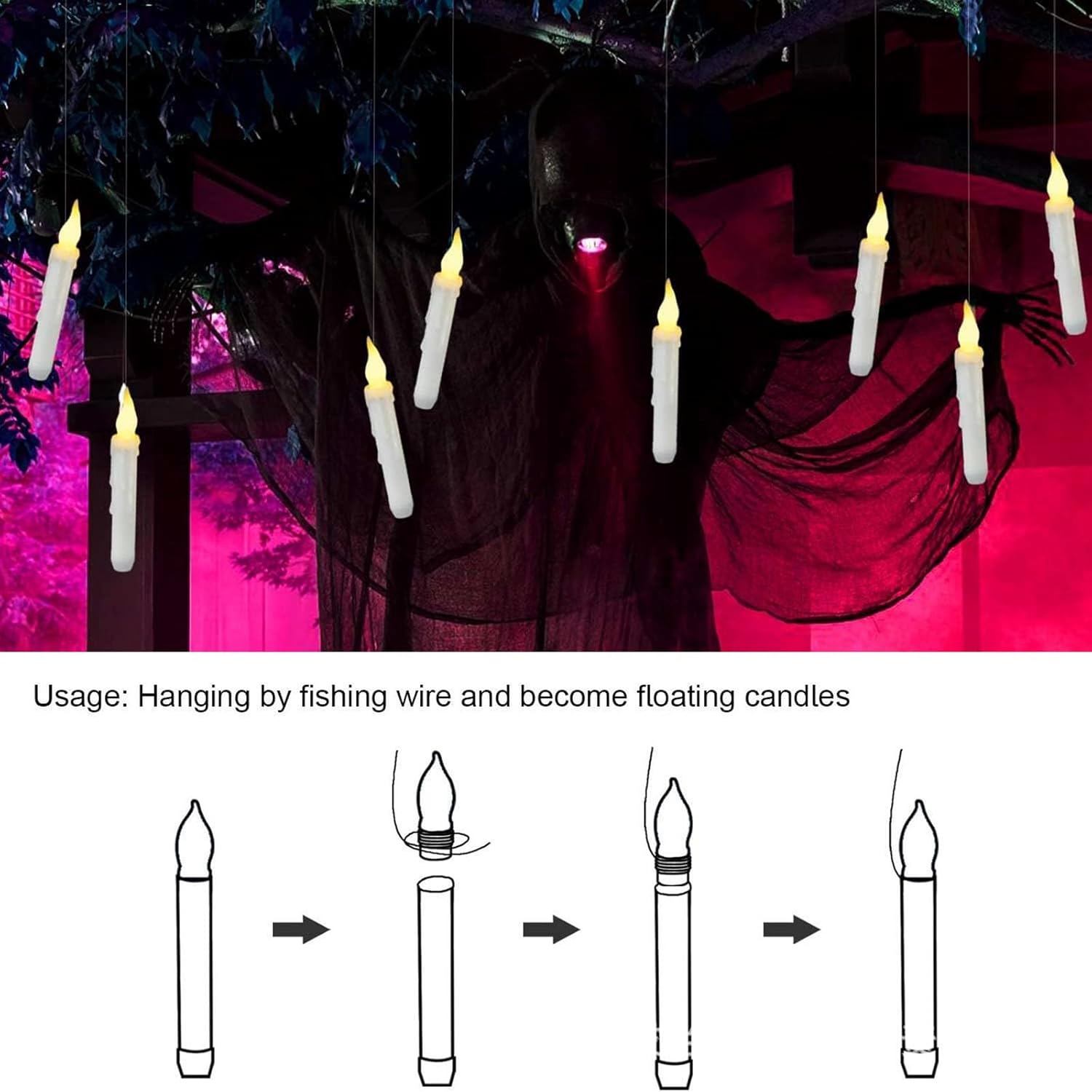 Velas flotantes de Halloween con control remoto de varita mágica, decoraciones de Halloween, 12 velas cónicas colgantes sin llama de 6.7 pulgadas,
