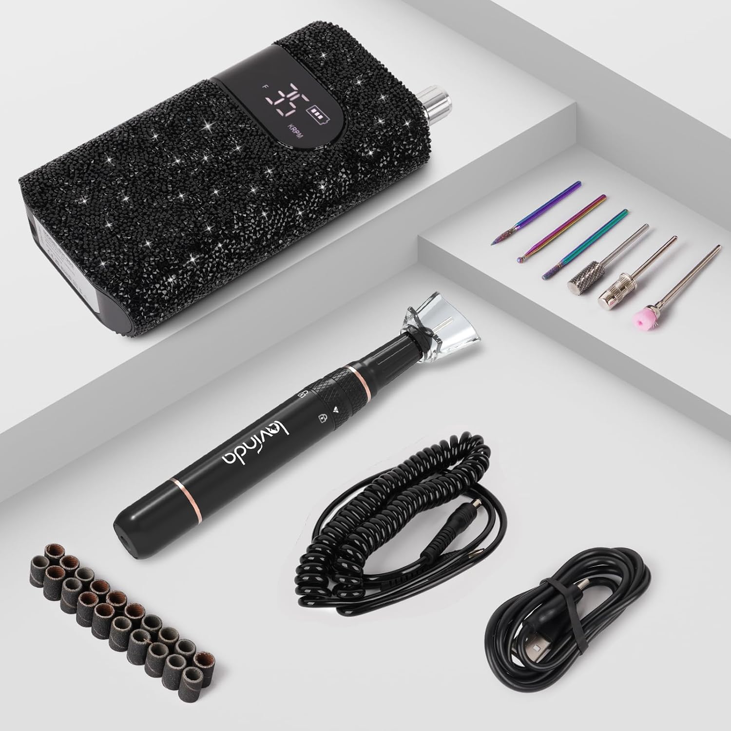 Lavinda Taladro de uñas profesional, kit de taladro eléctrico para uñas de gel acrílico, 35000 rpm, taladro de uñas portátil inalámbrico con