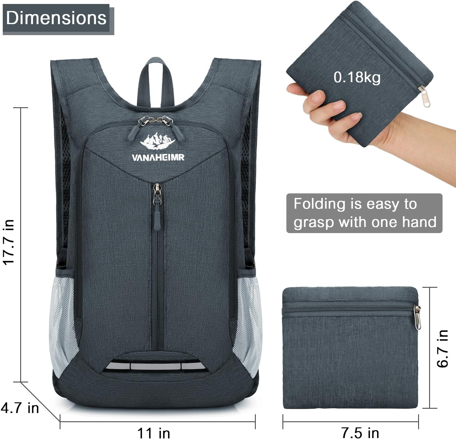 Mochila de senderismo ligera de 15 litros plegable pequeña mochila de viaje mochila de camping plegable para mujeres y hombres, Gris-oscuro,
