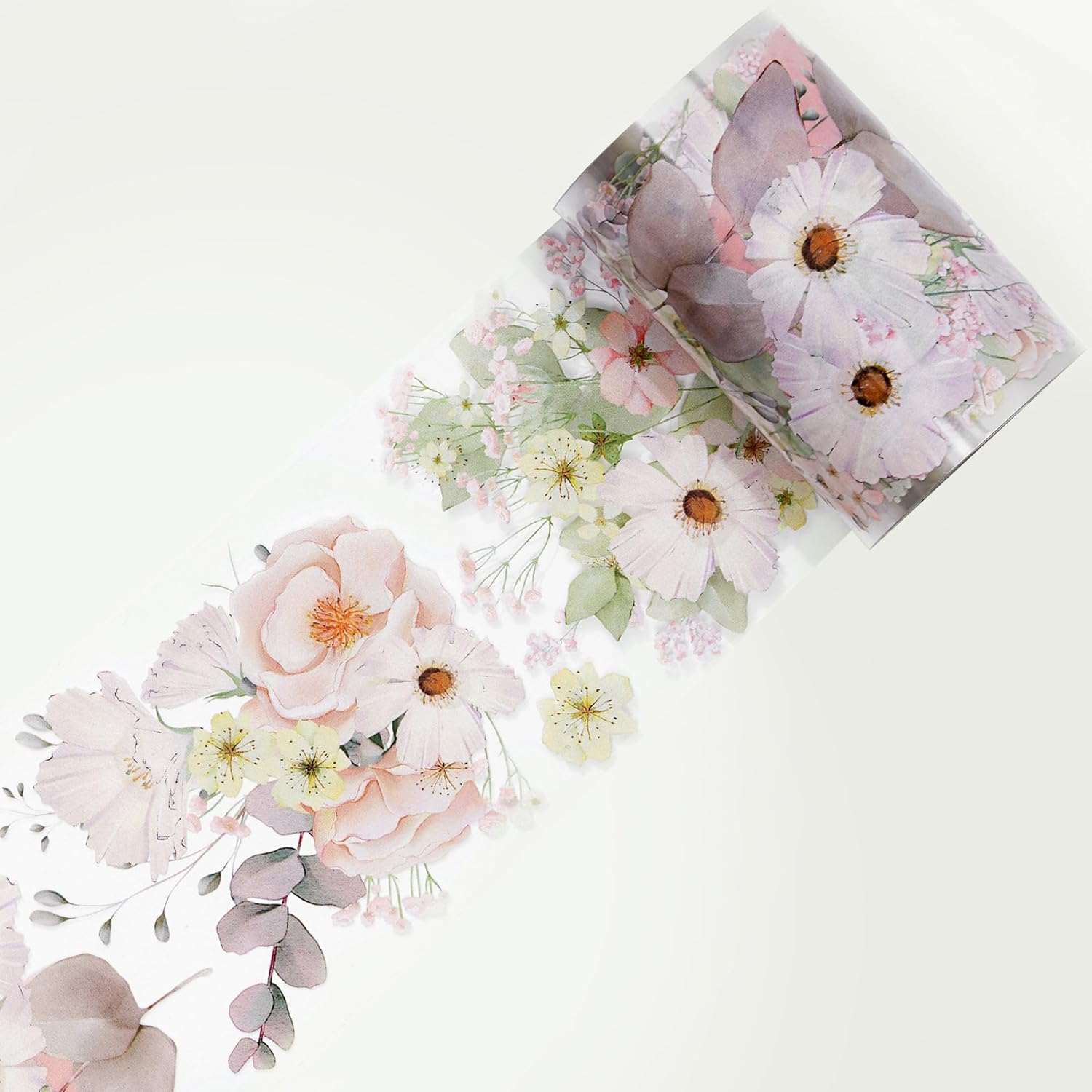 WT Cinta de PET ancha rubor, rollo individual, diseños originales, cinta decorativa de flores rosas acuarelas, cinta adhesiva transparente