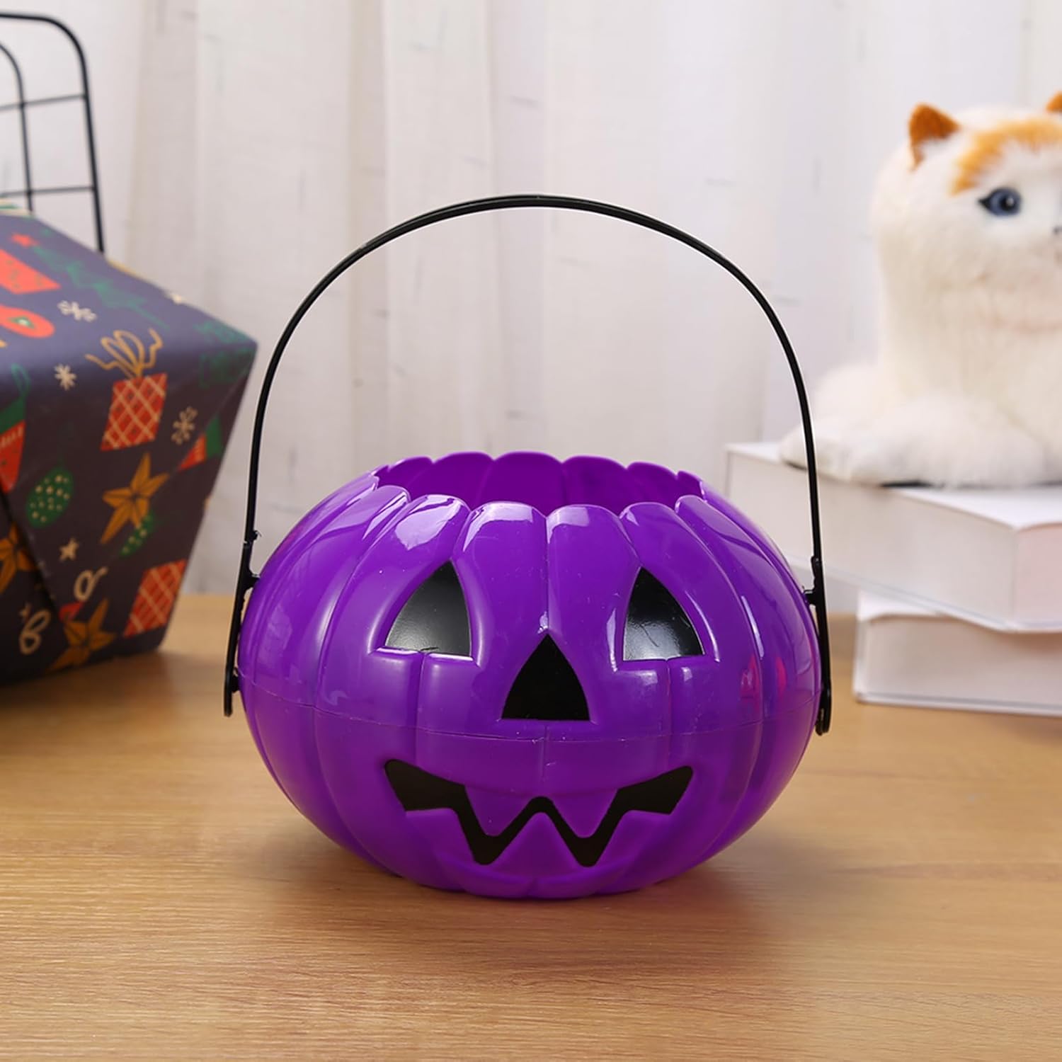 Cubo de Halloween, calabaza de Halloween, cubo de caramelo de calabaza de plástico para dulce o truco, cesta de calabaza desmontable, suministros