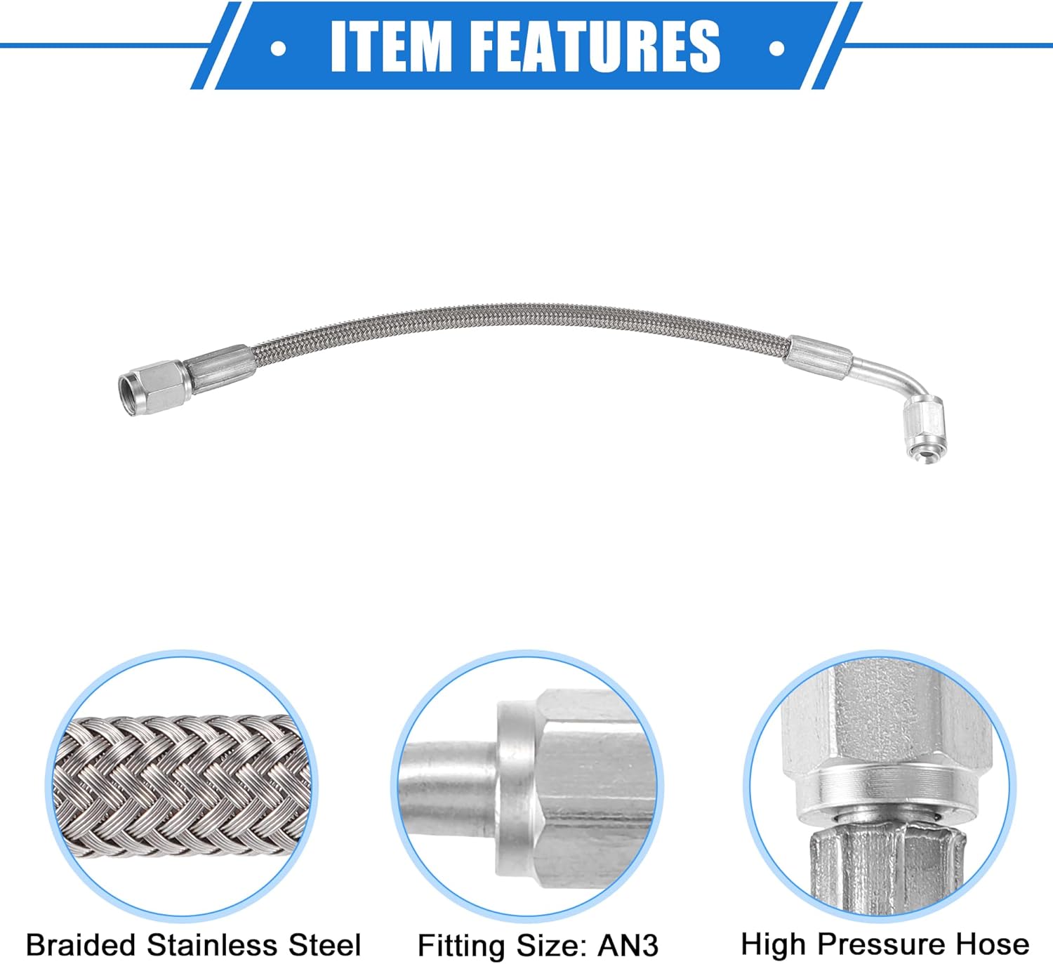 AN3 – Línea de alimentación de aceite turbo de acero trenzado de 90 grados a extremo de manguera recta, turbocompresor remoto de 9 pulgadas, línea