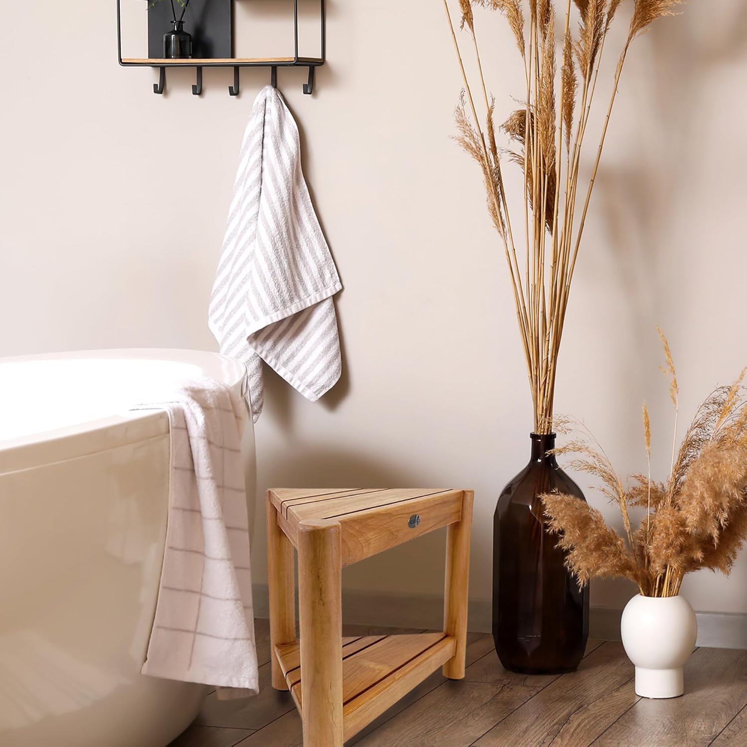 Asta Select – Taburete de ducha de esquina de teca maciza, taburete de madera de teca Poratble para spaduchainteriorexterior con estante de