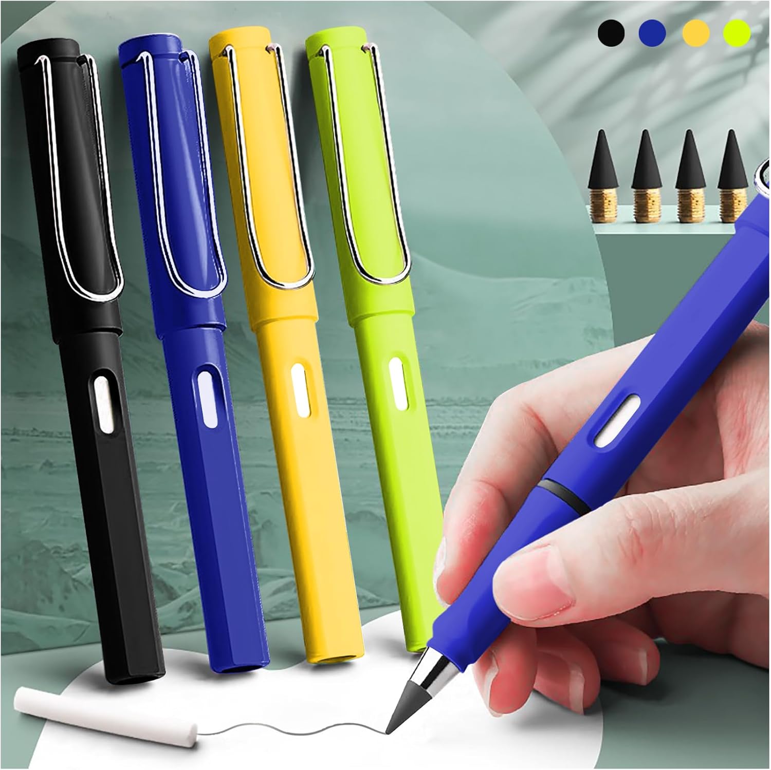 lyforx 8pcs Infinity Pencil Forever Pencil con borrador lindo lápiz eterno lápiz eterno con puntas reemplazables negro azul amarillo verde
