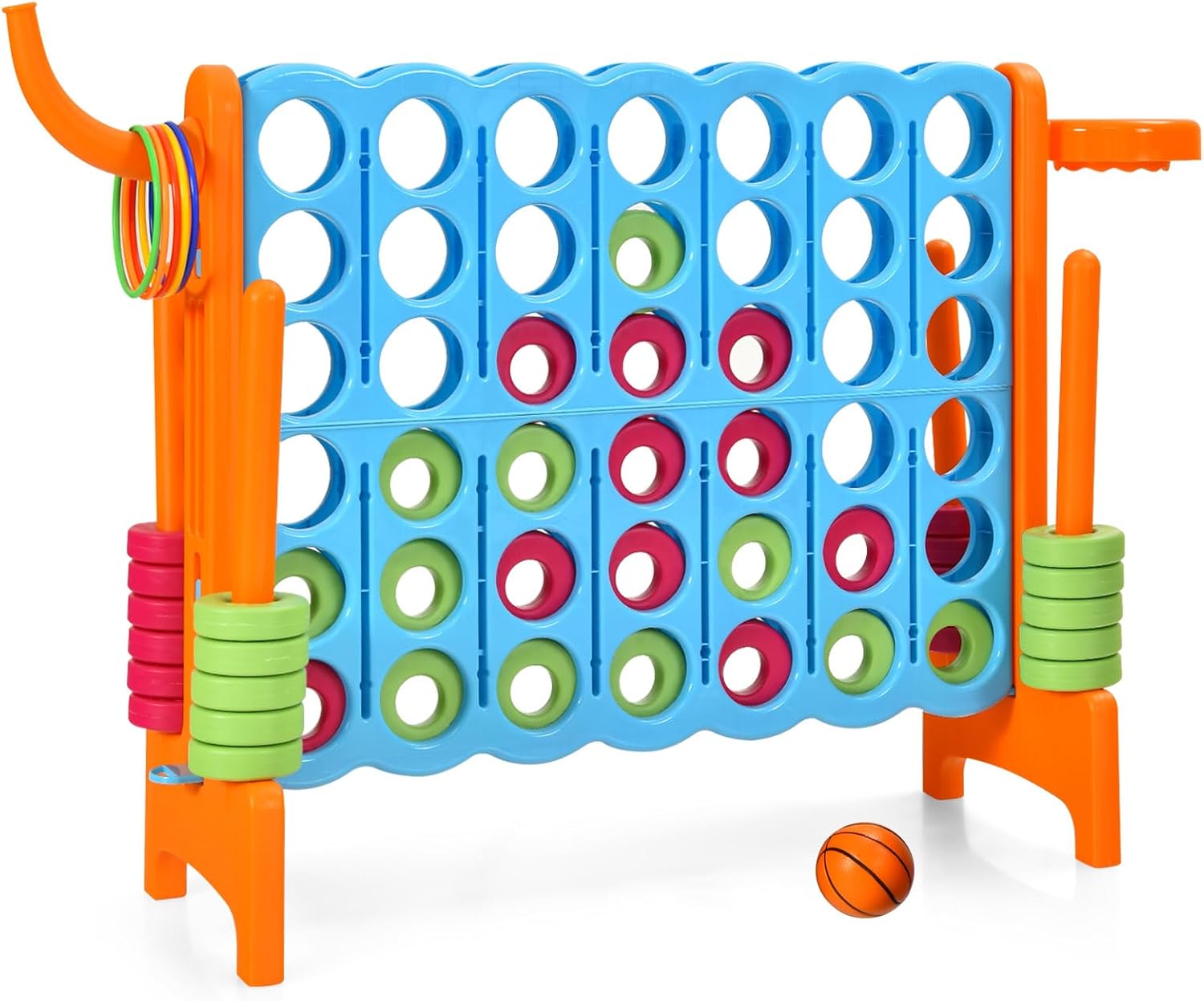 KOTEK Juego gigante 4 en una fila, juego familiar jumbo de 4 en puntuación con deslizadores de liberación rápida, 42 anillos, lanzamiento de anillos