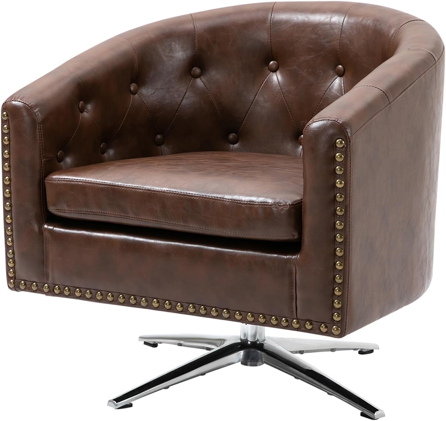 AVAWING Silla decorativa, silla de barril de piel sintética, sillón decorativo con acolchado suave y base de metal, silla moderna de mediados de