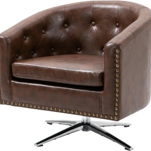 AVAWING Silla decorativa, silla de barril de piel sintética, sillón decorativo con acolchado suave y base de metal, silla moderna de mediados de AVAWING Silla decorativa, silla de barril de piel sintética, sillón decorativo con acolchado suave y base de metal, silla moderna de mediados de