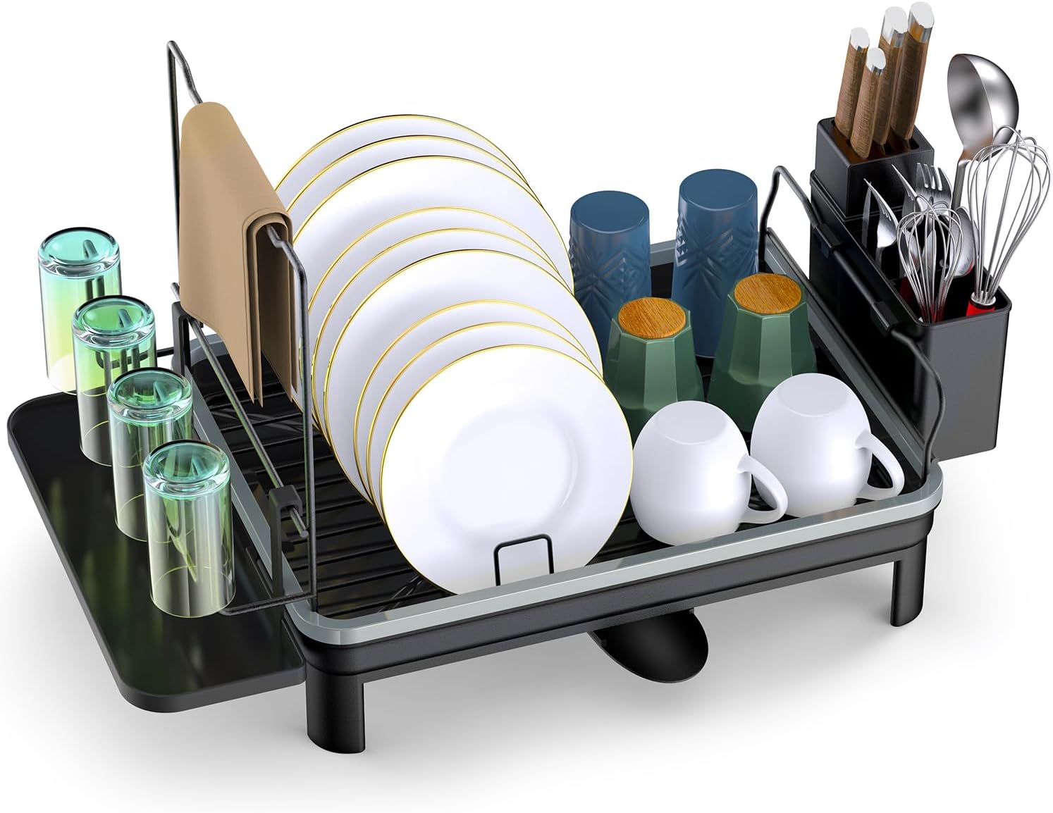 Escurridor de platos, escurridor de platos para encimera de cocina con escurridor, estante de metal duradero con soporte para cubiertos para platos,