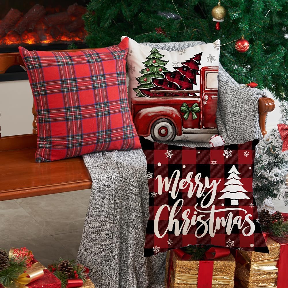 DFXSZ Juego de 4 fundas de almohada de Navidad de 18 x 18 pulgadas, diseño de árbol de Navidad, camión a cuadros negros y rojos, decoración de