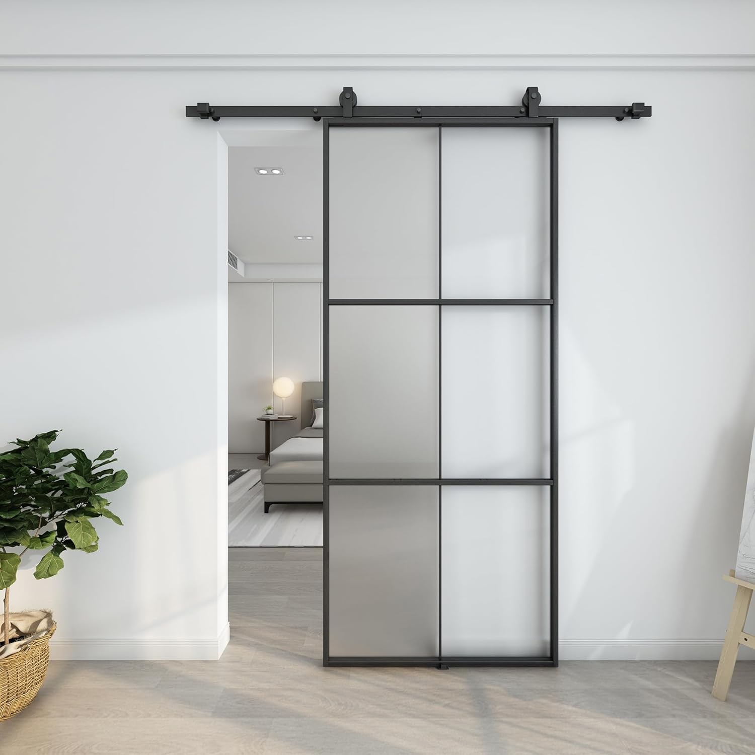 BARNSMITH Panel de puerta de granero de vidrio de aluminio de 36 x 84 pulgadas, losa de puerta de vidrio templado esmerilado desmontada (accesorios