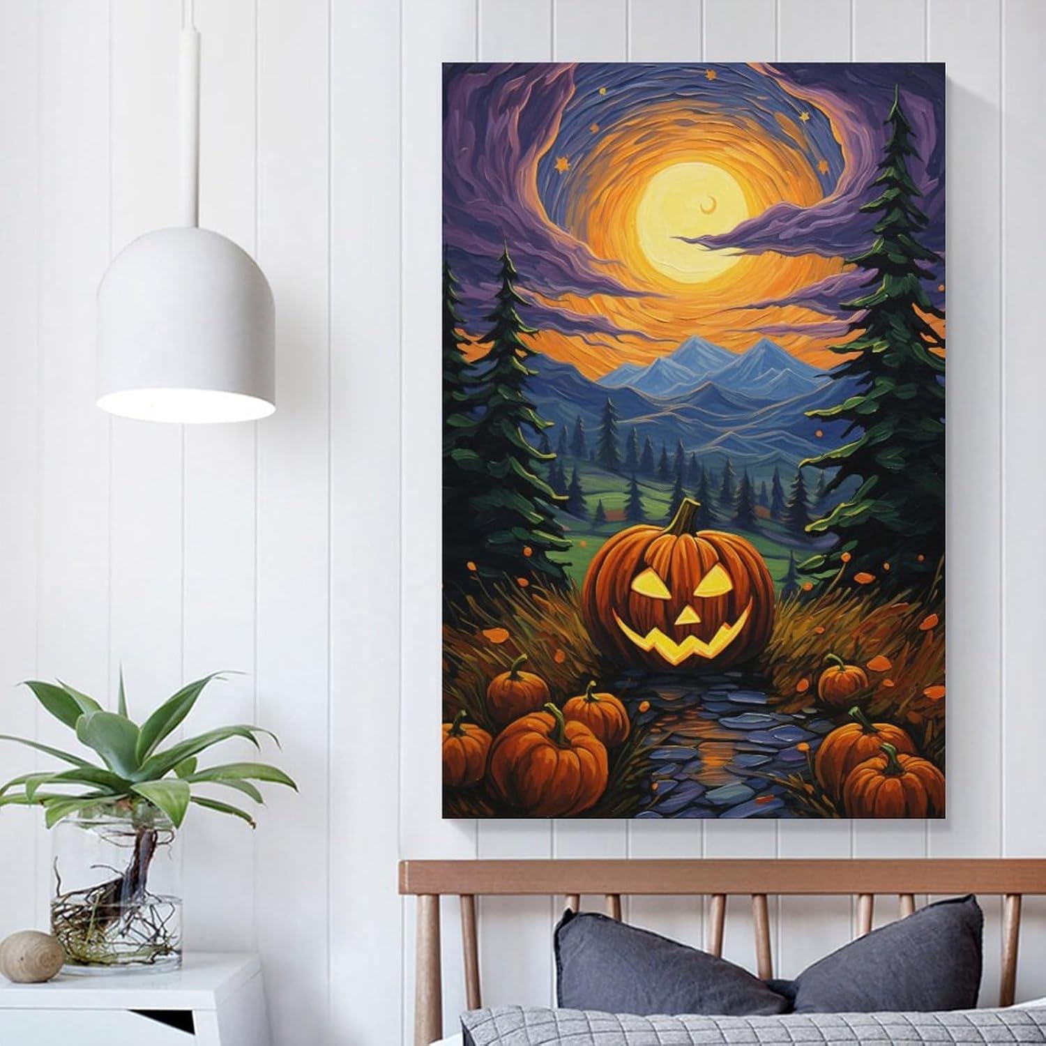Póster de noche estrellada de Van Gogh con diseño de calabaza, lienzo divertido y estético, decoración de pared de bosque de fantasía, pósteres e