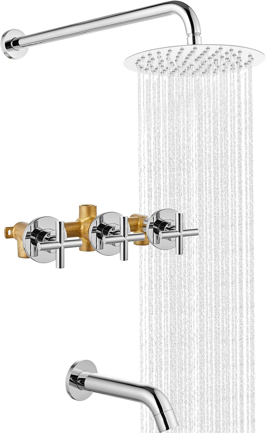 Midanya Grifo de ducha de 3 manijas con boquilla de bañera, juego de grifo de ducha de lluvia de 8 pulgadas y válvula áspera para montaje en pared,