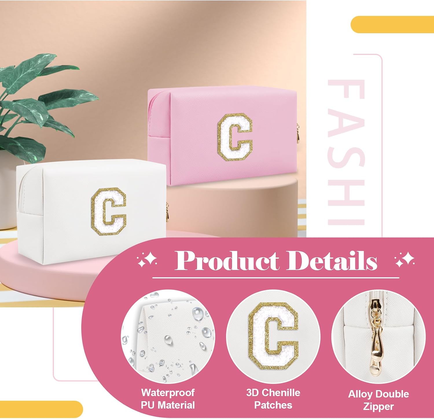 Bolsa de maquillaje personalizada con inicial A-Z, pequeña bolsa de cosméticos de viaje de piel sintética con cremallera, bonita bolsa de aseo