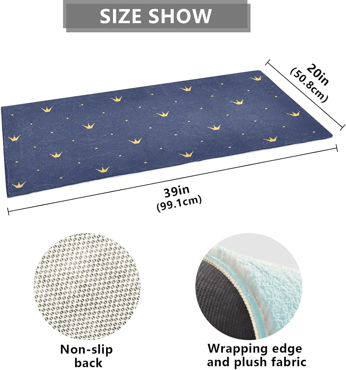 Alfombras de baño absorbentes con corona de oro azul marino, cómoda y antideslizante, alfombra de baño de felpa duradera, 39 x 20 pulgadas