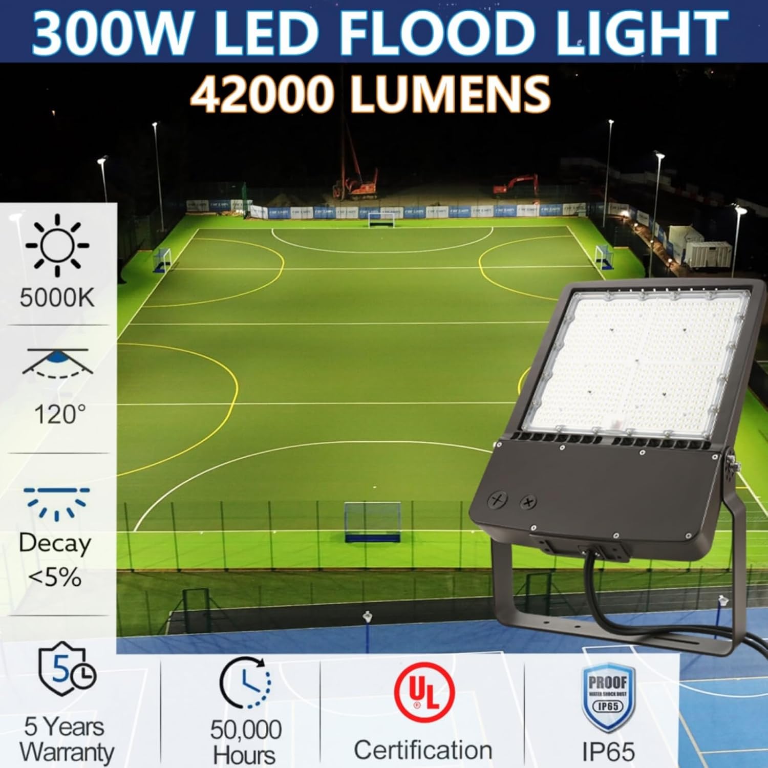 ununono Lámpara de inundación LED para exteriores de 300W, 0-10V regulable, 42,000LM (140LMW), luz diurna 5000K, 100-277V, IP65 UL impermeable