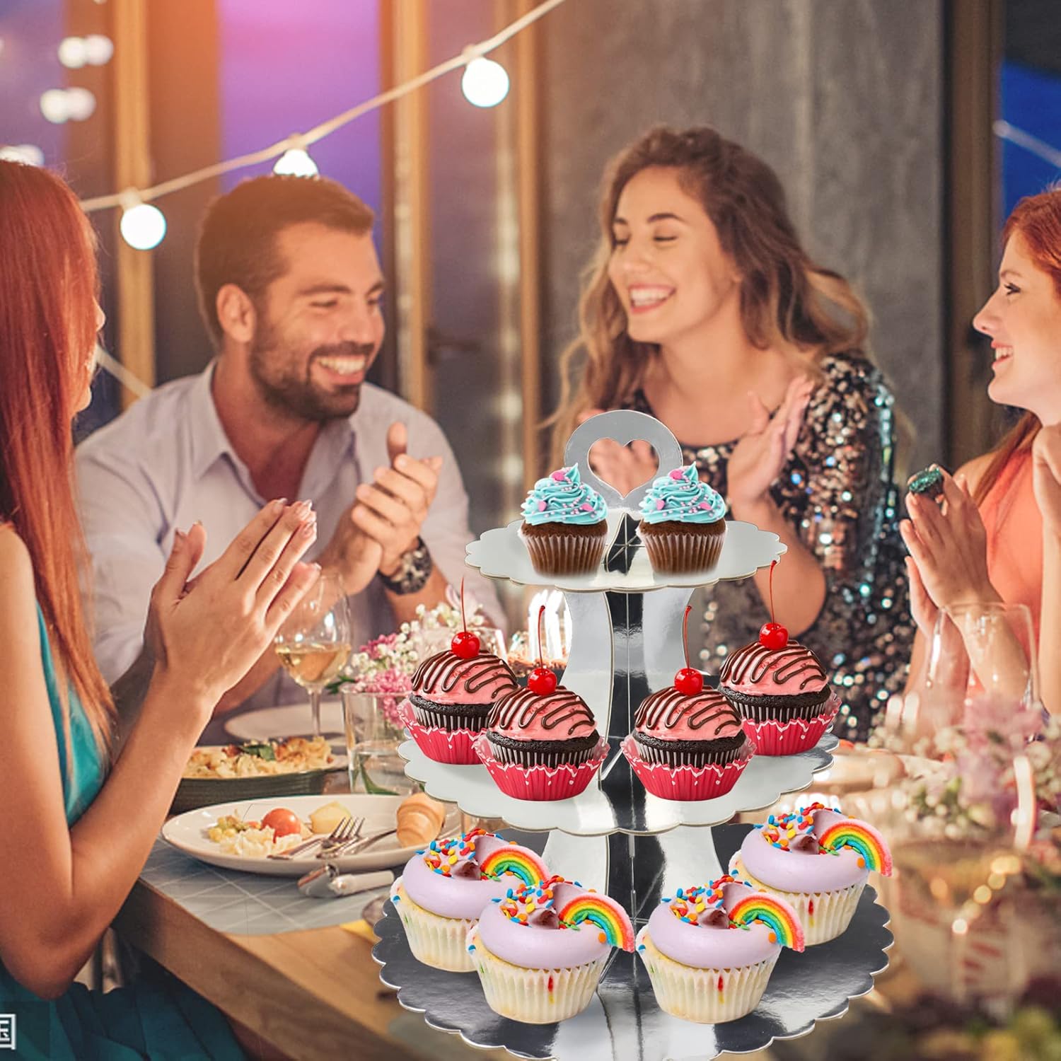 Soporte de torre para cupcakes, 2 unidades, soporte plateado para cupcakes, soporte de 3 niveles para 24 cupcakes, soporte de cartón para tartas,