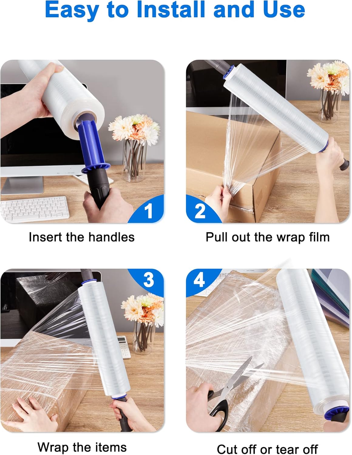 Película elástica para envolver, envoltura retráctil de 15 pulgadas x 1000 pies con asas, rollo de plástico de resistencia industrial, rollo de