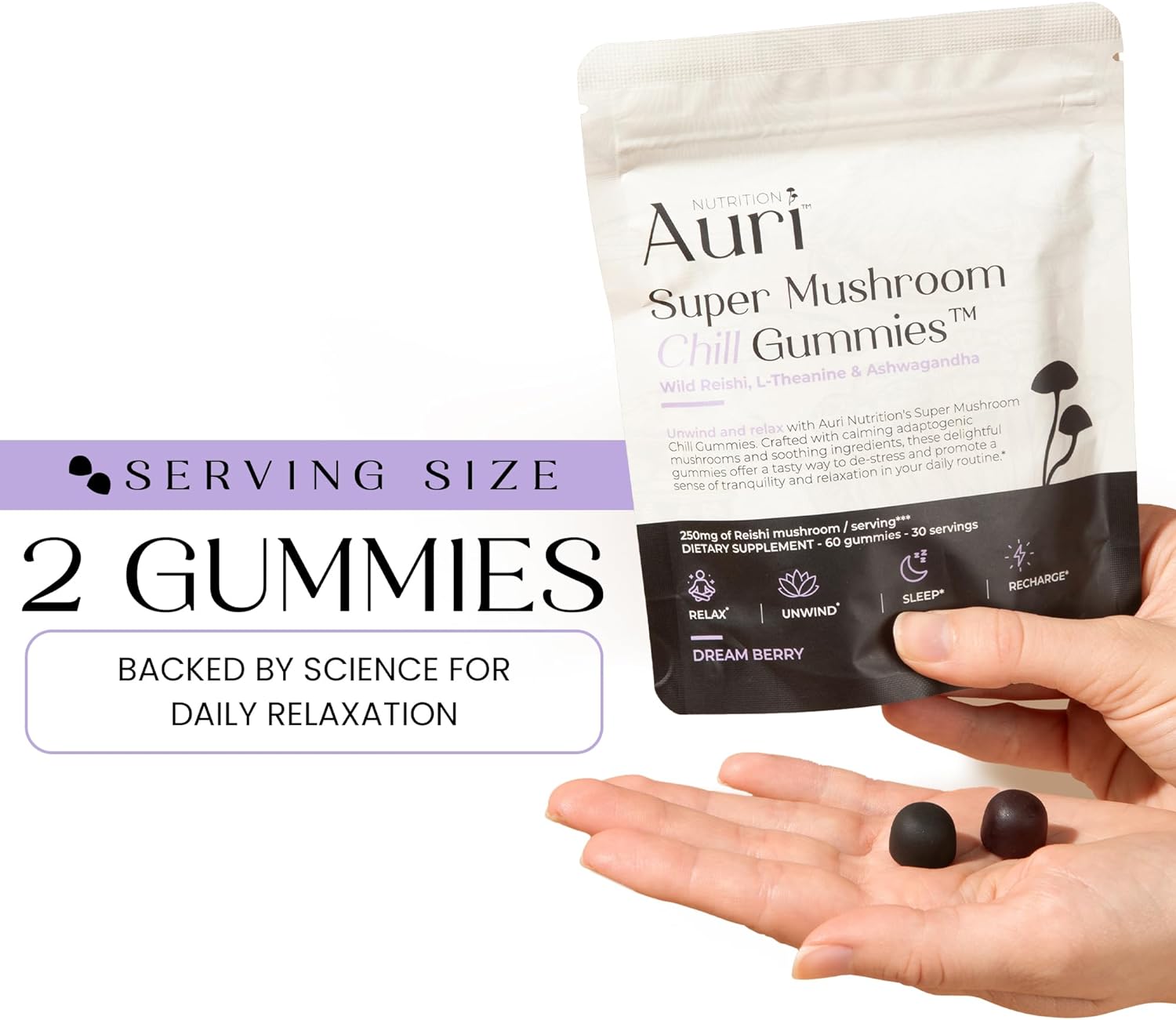 Auri Gomitas Super Mushroom Chill  Ayuda calmante natural y suplemento de reducción del estrés para adultos con hongo Reishi, Ashwagandha, L-teanina