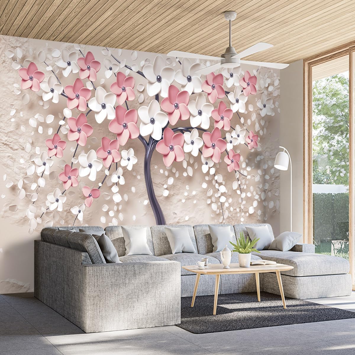 WXHFM – Mural en relieve 3D con diseño de flores rosas y árboles, para dormitorio, decoración de habitación, sala de estar, fondo de televisión,