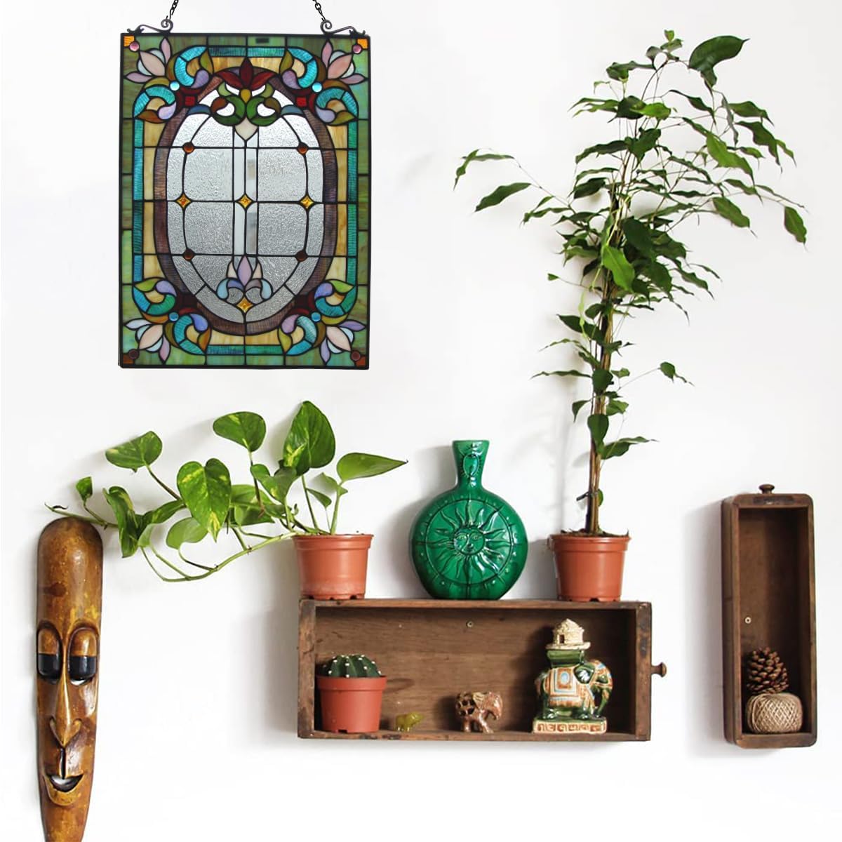 Fine Art Lighting Tiffany – Panel de ventana de vitral de 18 x 24 pulgadas, 100% vitral, 204 cortes de vidrio, 18 x 24 pulgadas, cadena para colgar