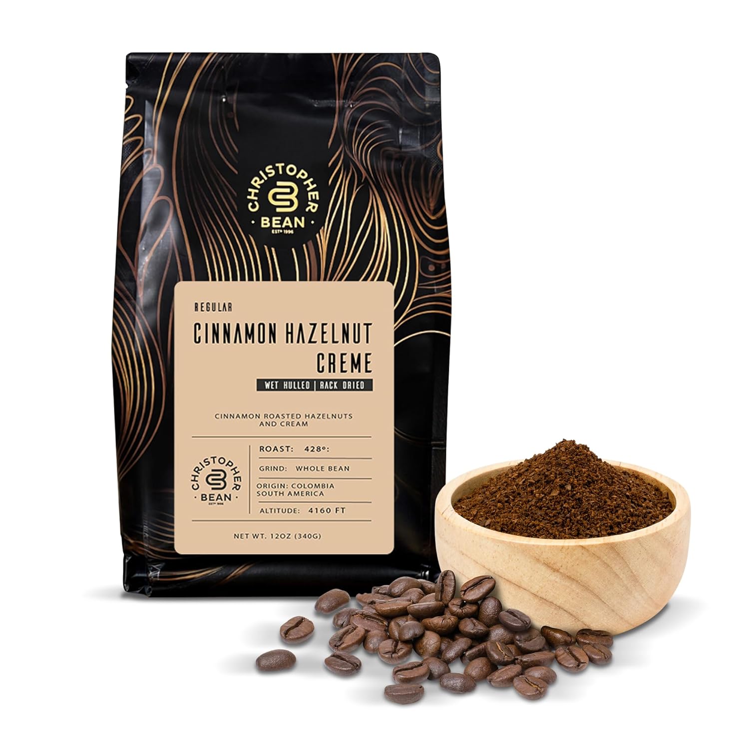 Christopher Bean Coffee – Café con sabor a crema de avellana y canela (grano entero normal) 100% arábica, sin azúcar, sin grasas, hecho con sabores