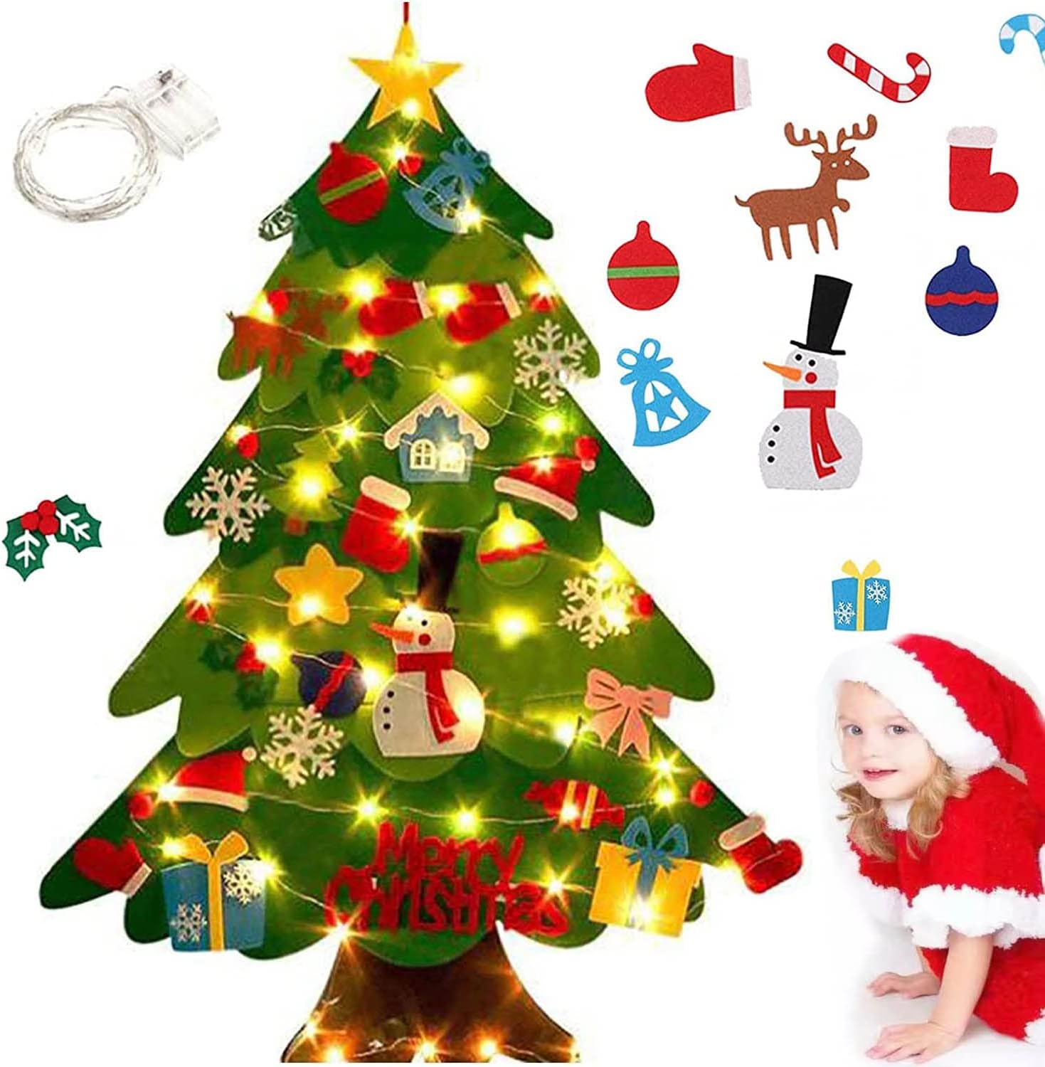 Montessori Árbol de Navidad para niños pequeños, árbol de Navidad Montessori con luces, árbol de Navidad interactivo para niños con 21 adornos de