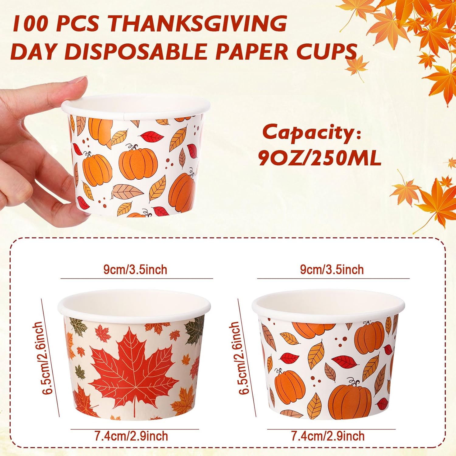 Sliner 100 cuencos de papel con temática de otoño de 9 onzas para postre y Día de Acción de Gracias, tazas desechables para helado de hoja de arce,