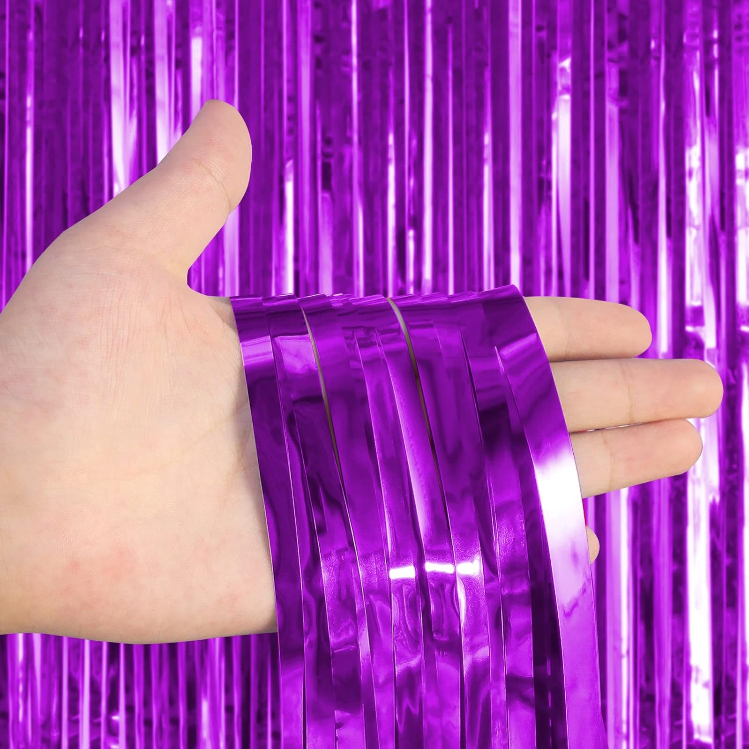 Cortinas de flecos de papel de aluminio morado, paquete de 2, extra grandes de 8 x 3.3 pies, cortinas de flecos para puerta para cumpleaños, boda,