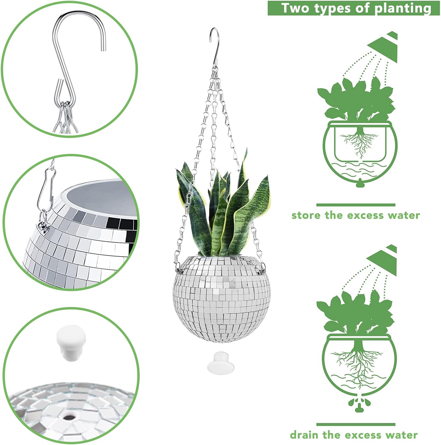 Macetas de riego automático para plantas de interior con orificio de drenaje, maceta de bola de discoteca con cadena, cuerda de macramé, anillo de