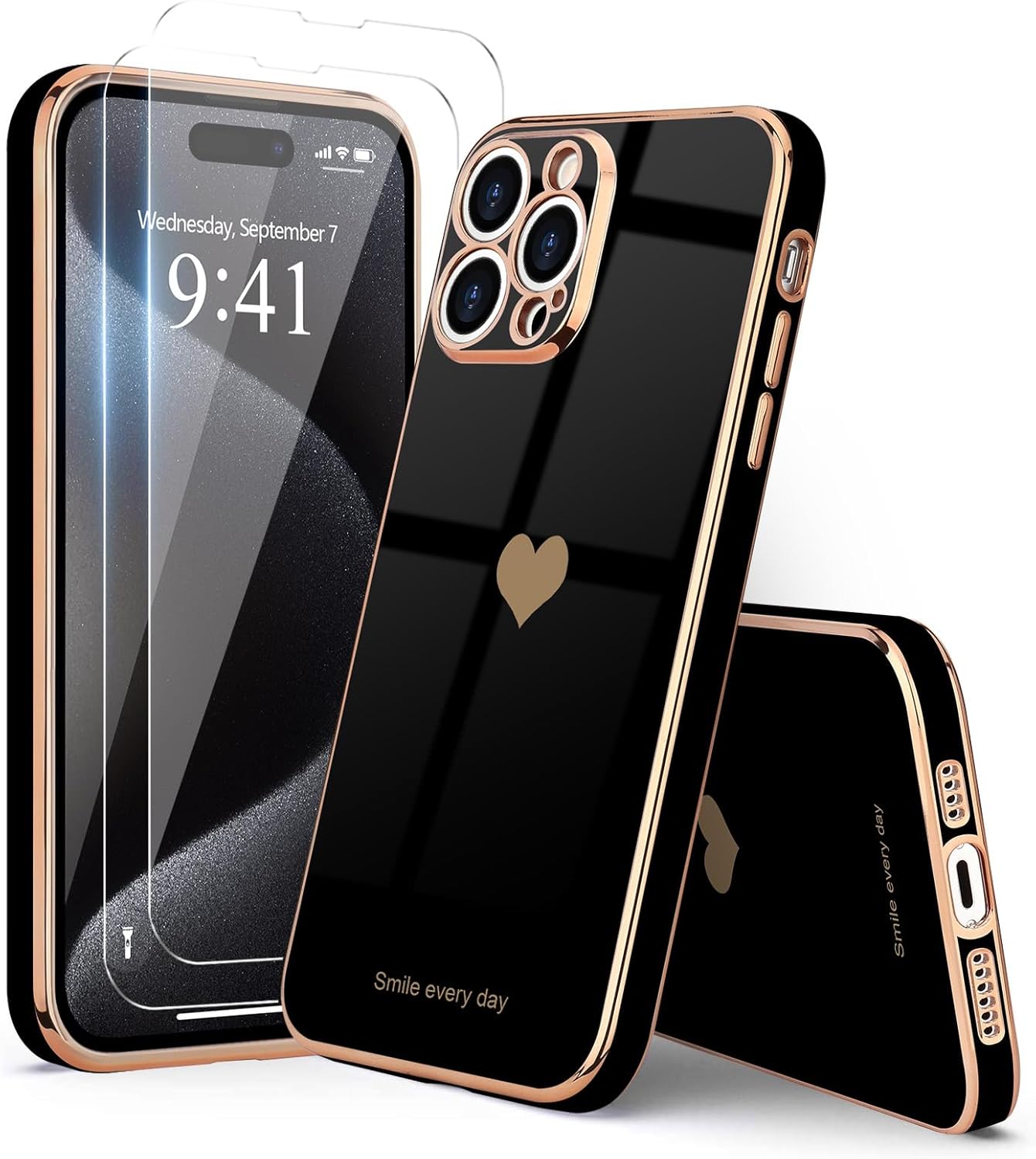 Teageo Funda para iPhone 15 Pro Max con protector de pantalla 2 unidades para niñas y mujeres, diseño de corazón de amor femenino de lujo, funda