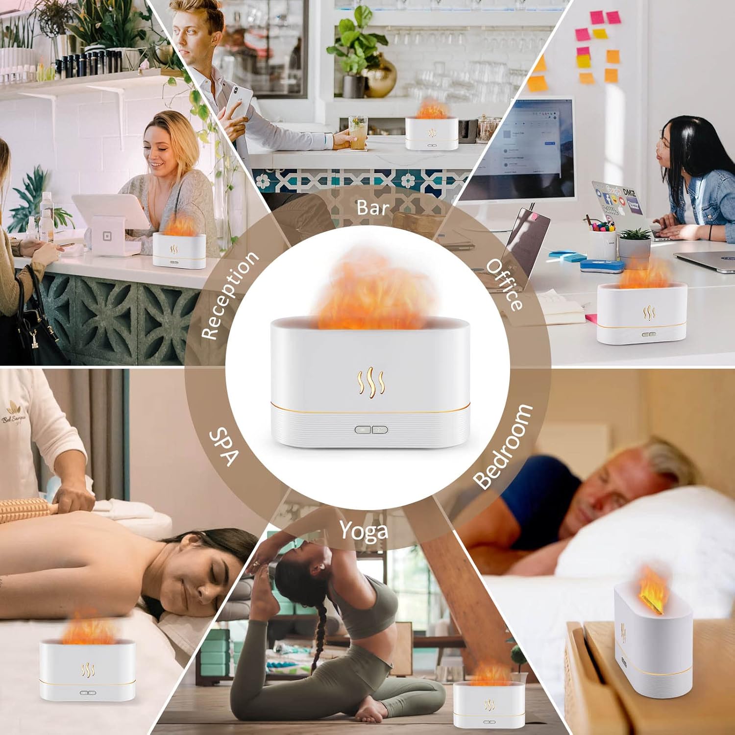 PLUWEL Difusor de llama humidificador, apagado automático de 6.1 fl oz, difusor de aceite esencial, 2 modos de brillo, humidificador de aroma con