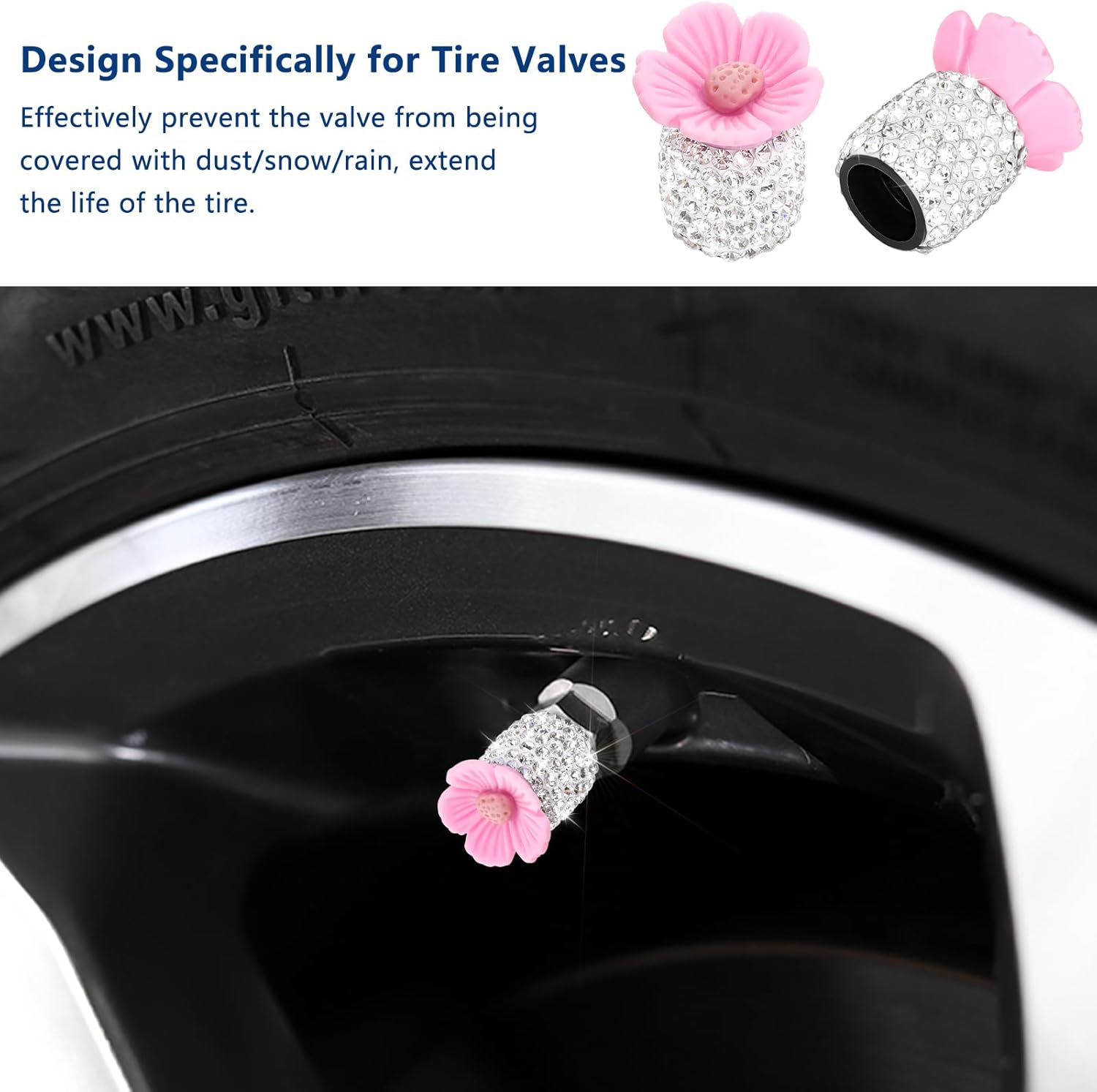 Paquete de 4 tapones de válvula de neumático de automóvil con diamantes de imitación de cristal, flor de Sakura, a prueba de polvo, accesorios