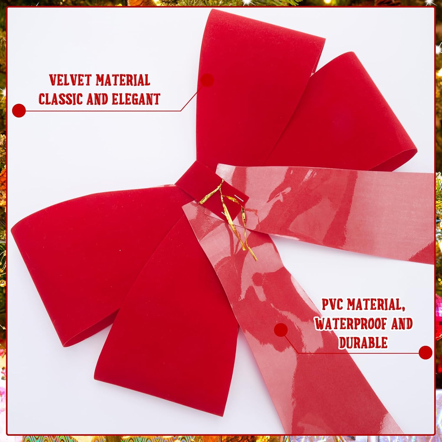 2 lazos grandes de terciopelo rojo de Navidad de 18 x 32 pulgadas, lazos decorativos de PVC de plástico para decoración de árbol de Navidad,